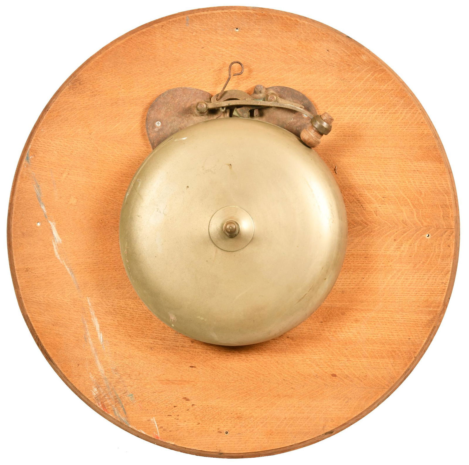 18"D. Fire Alarm Brass Gong Mounted on Oak Plaque (1 of 2)