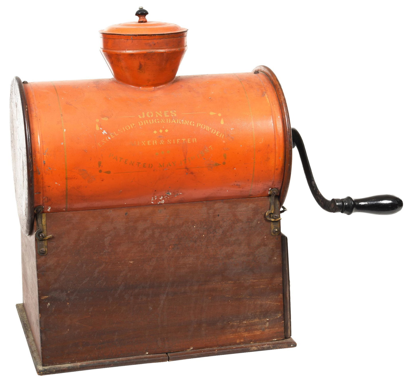 M.J. Jone Grinder: Made of metal and wood, has original stenciling, shows some wear, displays well, patented May 17th, 1887., 19"x11"x15", rated 8.75