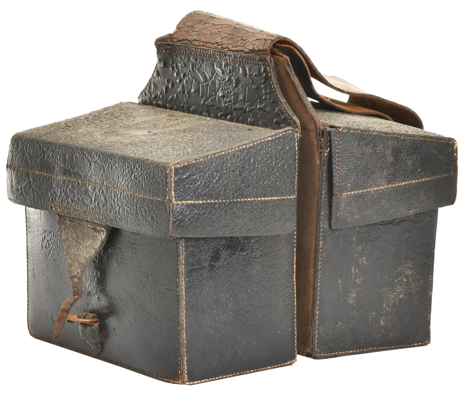 Saddle Bag w/Apothecary Supplies: The leather saddle bags are in fair condition, needs oiled, has markings on top that we can not make out, inside both has a carpeted shelf, take it out and there are apothecary bottles, shows wear, bo