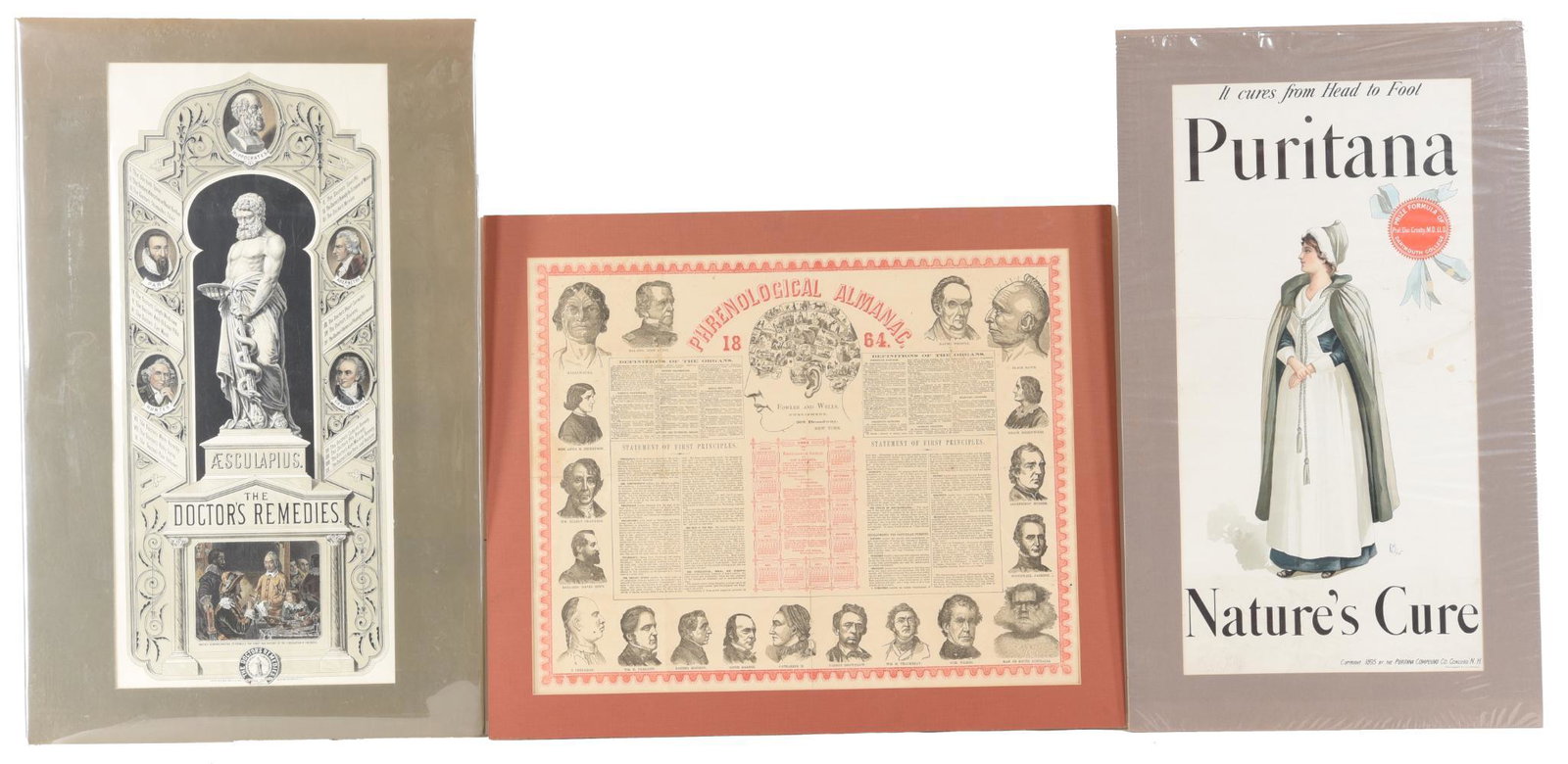 3-Paper Advertising Sign: Puritana Nature's Cure, The Doctor's Remedies, & 1864 Phrenological Almanac, all in fair to good condition, 33"x20" or less in size, rated 8