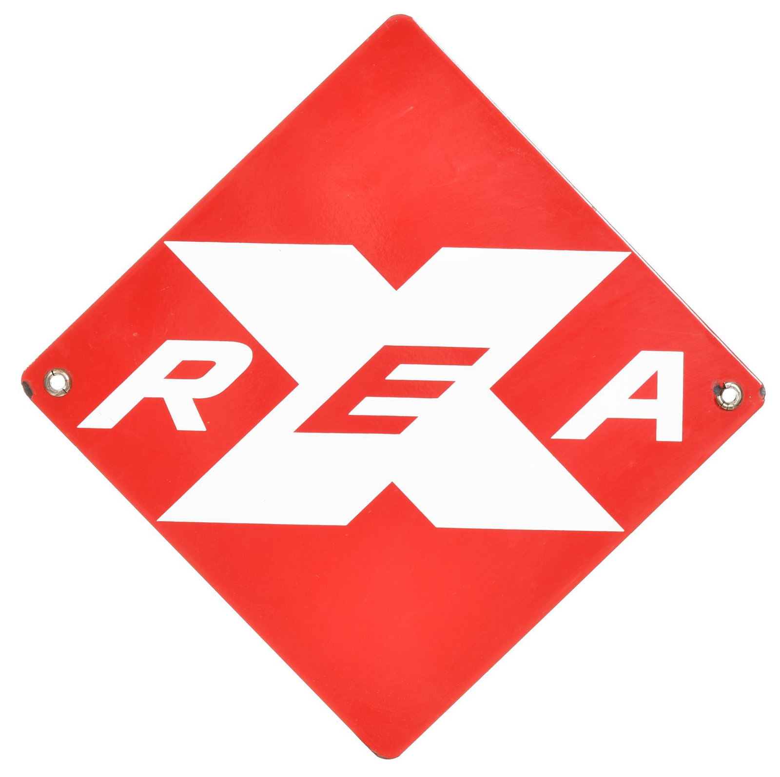 REAX (Railway Express Agency Porcelain Sign: SSP sign, has excellent color and gloss, field is clean, tiny chips at mounting holes and points, 16.5"x16.5", rated 9