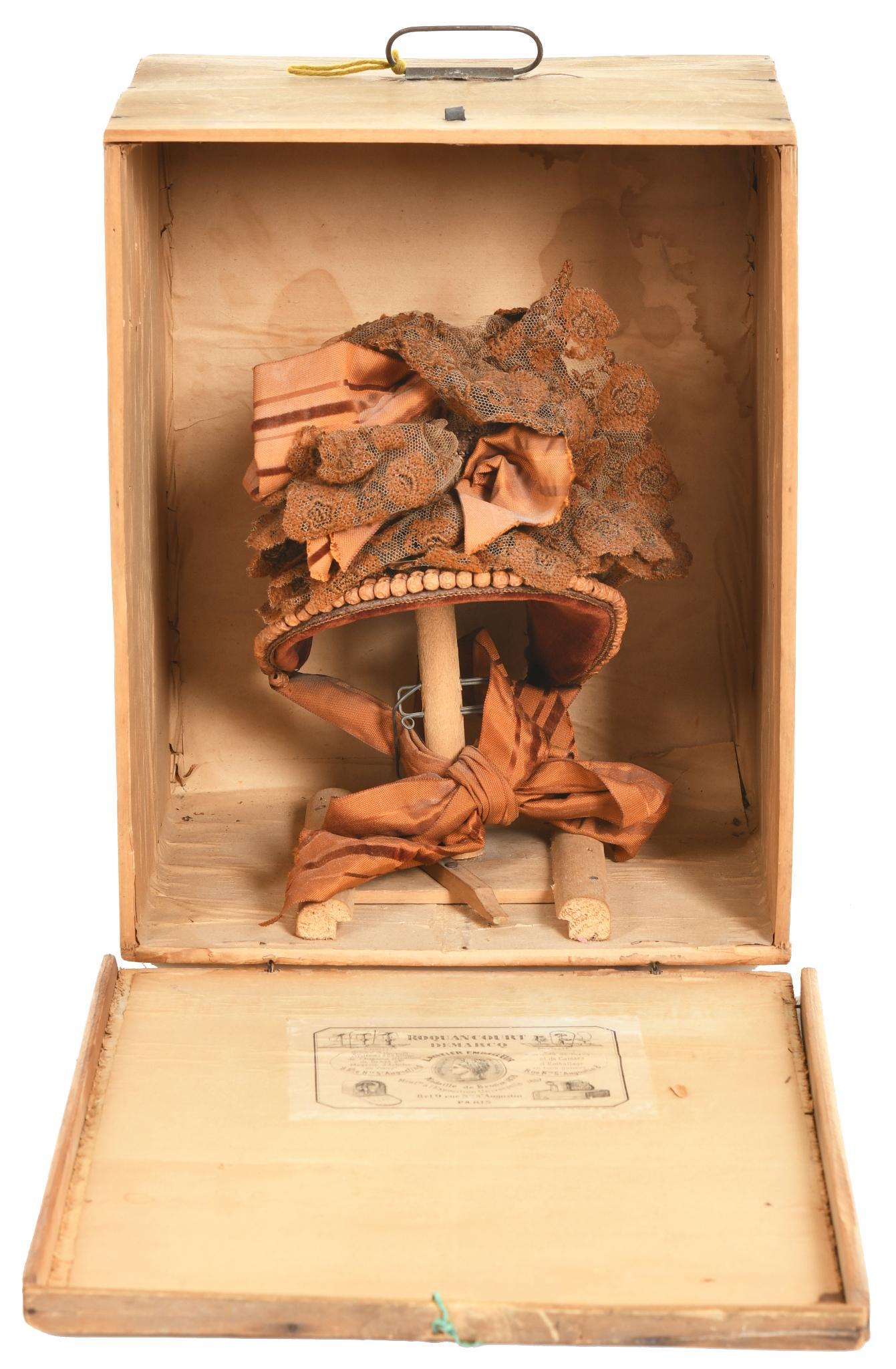 French Hat in Original Wood Box: In good condition, box has label on the inside, shows some wear, rated 8