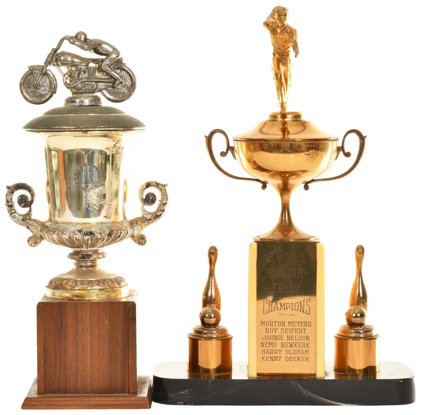 Motorcycle & Bowling Trophies: Both show wear, display well, 17"T., rated 7.5