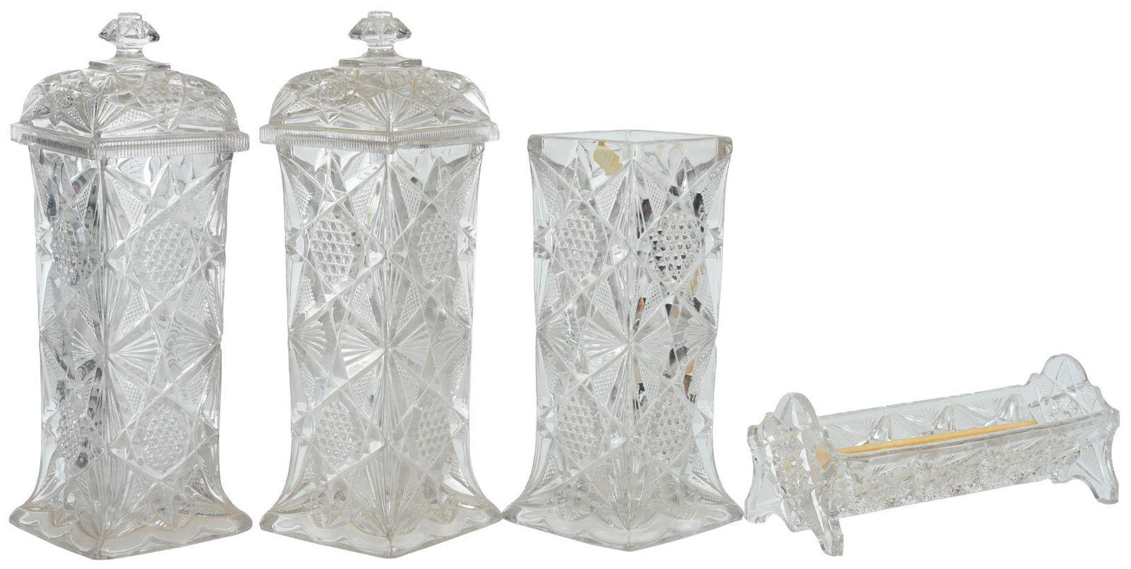 Lot Of 4 Pressed Glass Jars And Straw Holder (1 of 1)