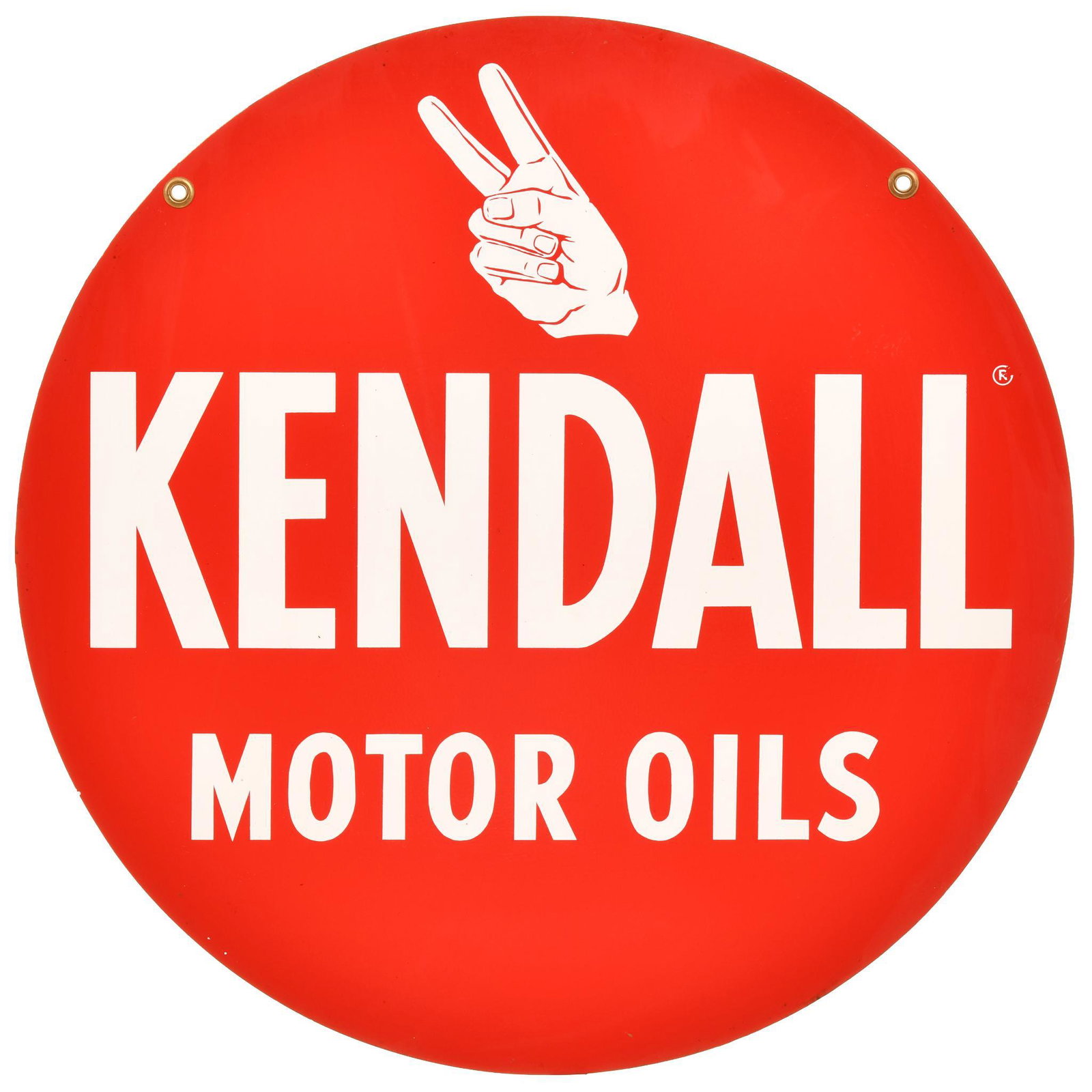 Kendall Motor Oils w/Hand Logo Metal Sign: DST sign, has very good color and shine, shows some soiling, 24"D. rated 8.5