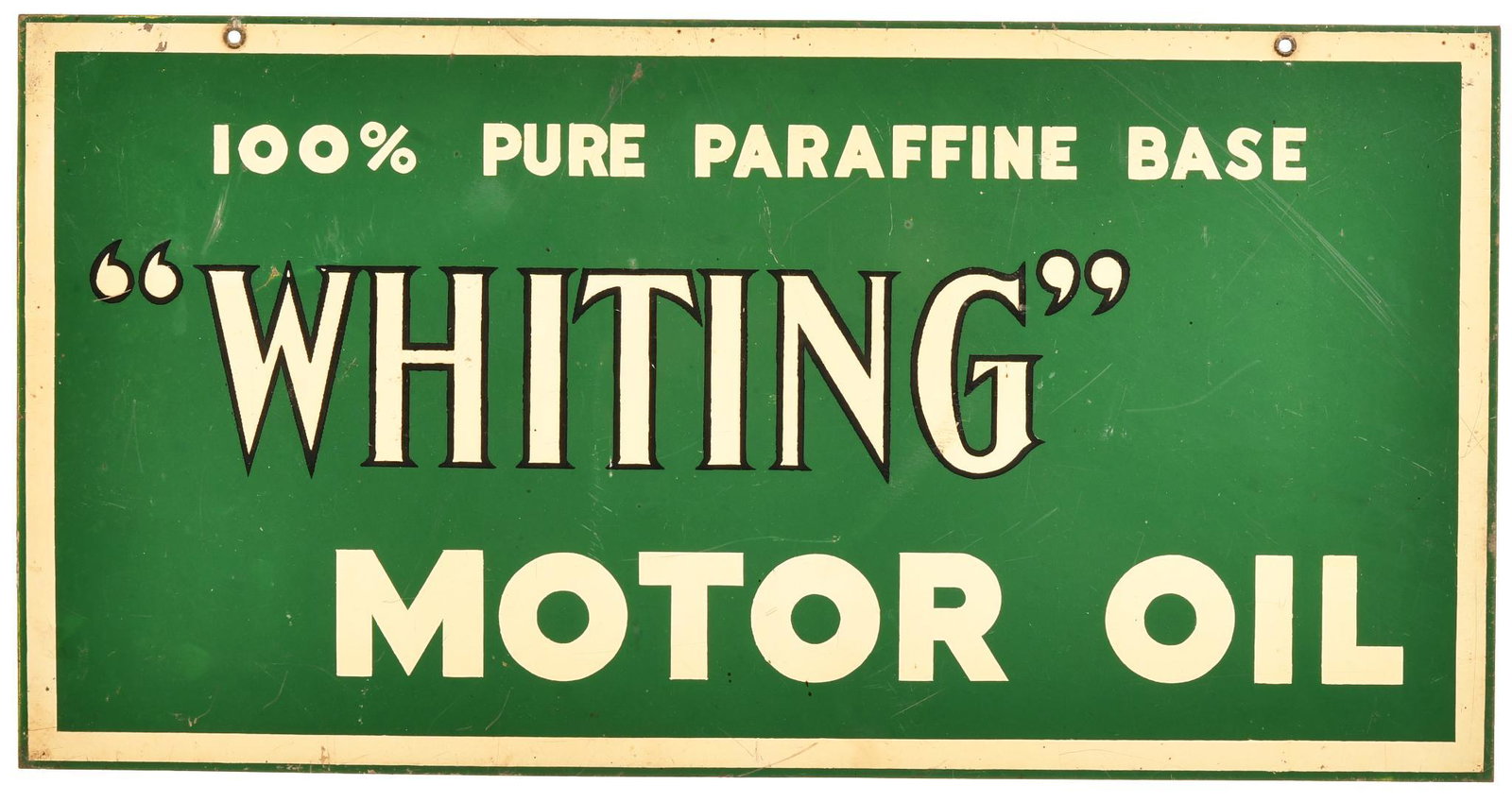 "Whiting" Motor Oil "100% Pure Parffine Base" Metal: DST sign, has very good color and shine, shows minor wear and a few fine scratches, 10.5"x20", rated 8.5