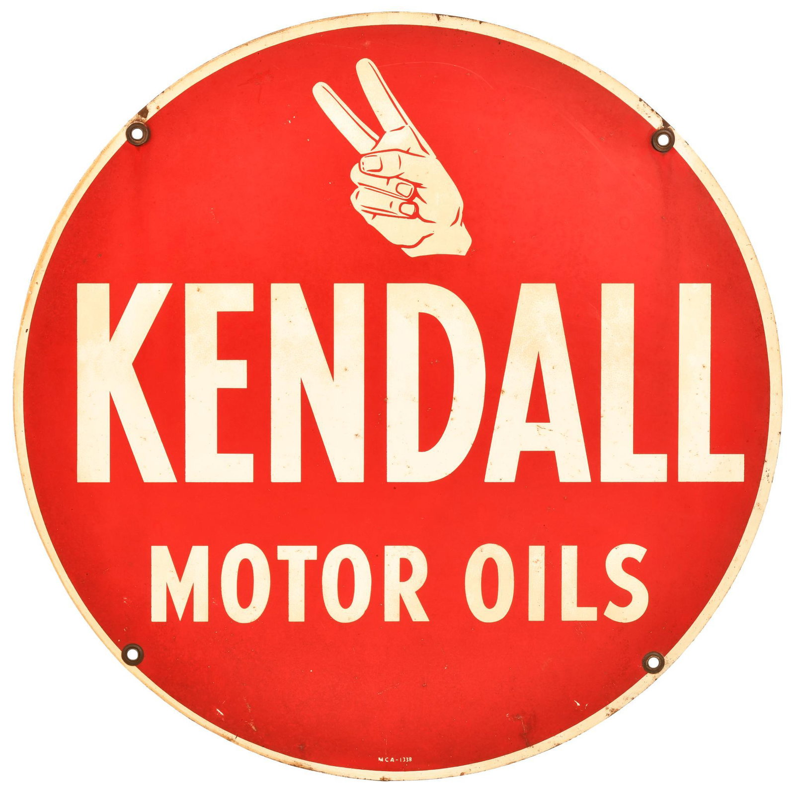 Kendall Motor Oils w/Hand Logo Metal Sign: DST sign, has good color, shows some soiling, reverse has scratches, marked MCA, 24"D., rated 7.5 & 6.5