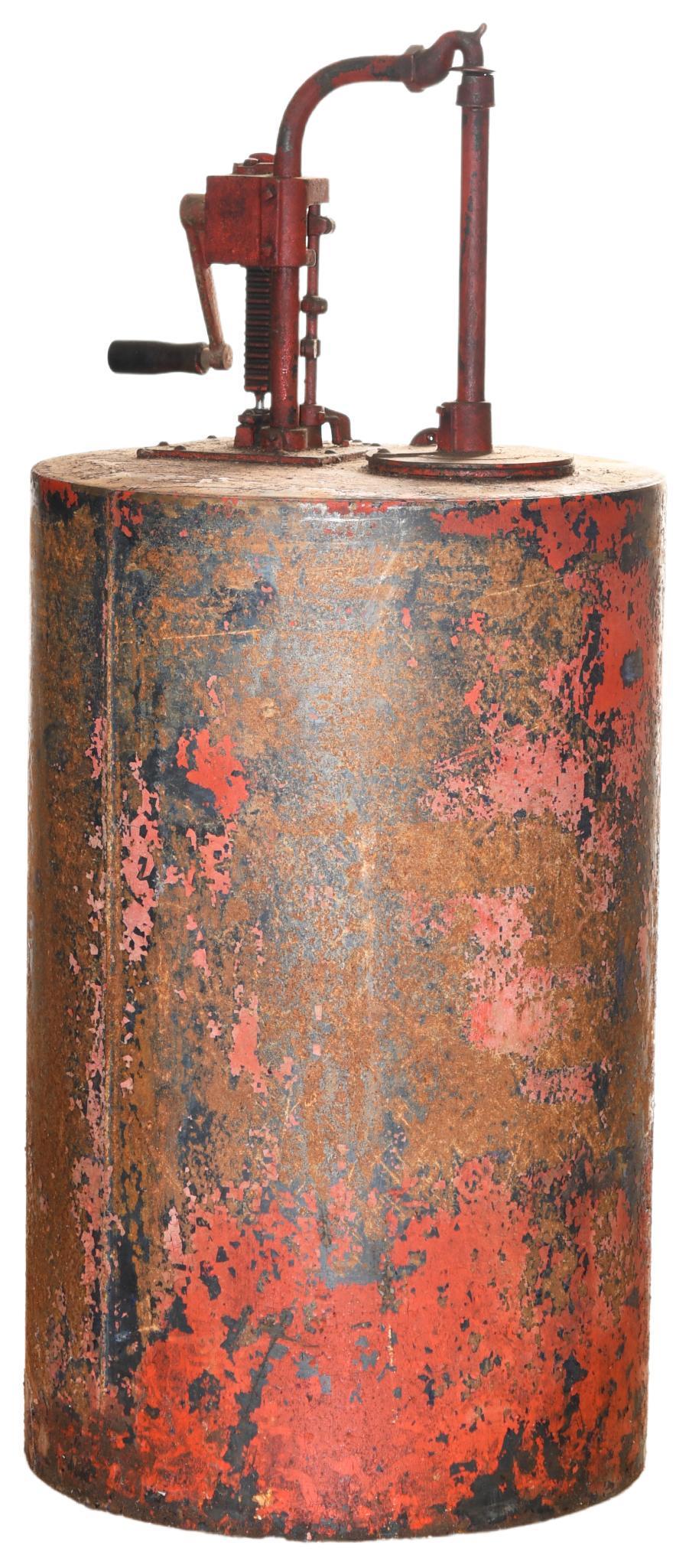 Milwaukee Oil Lubster Pump And Round Metal Tank: In good condition, pump is free, shows wear throughout, 53"T., rated 7