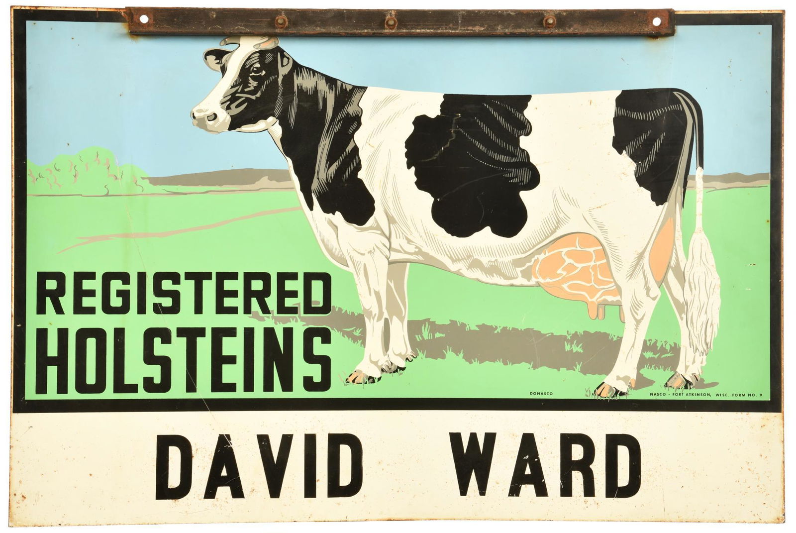 Register Holsteins "David Ward" w/Logo Metal Sign: DST sign, has good color and shine, shows light wear, a few fine scratches, and minor rust in lower field, reverse has rust spots throughout the sign, has angle-iron mounted to the top on both sides,