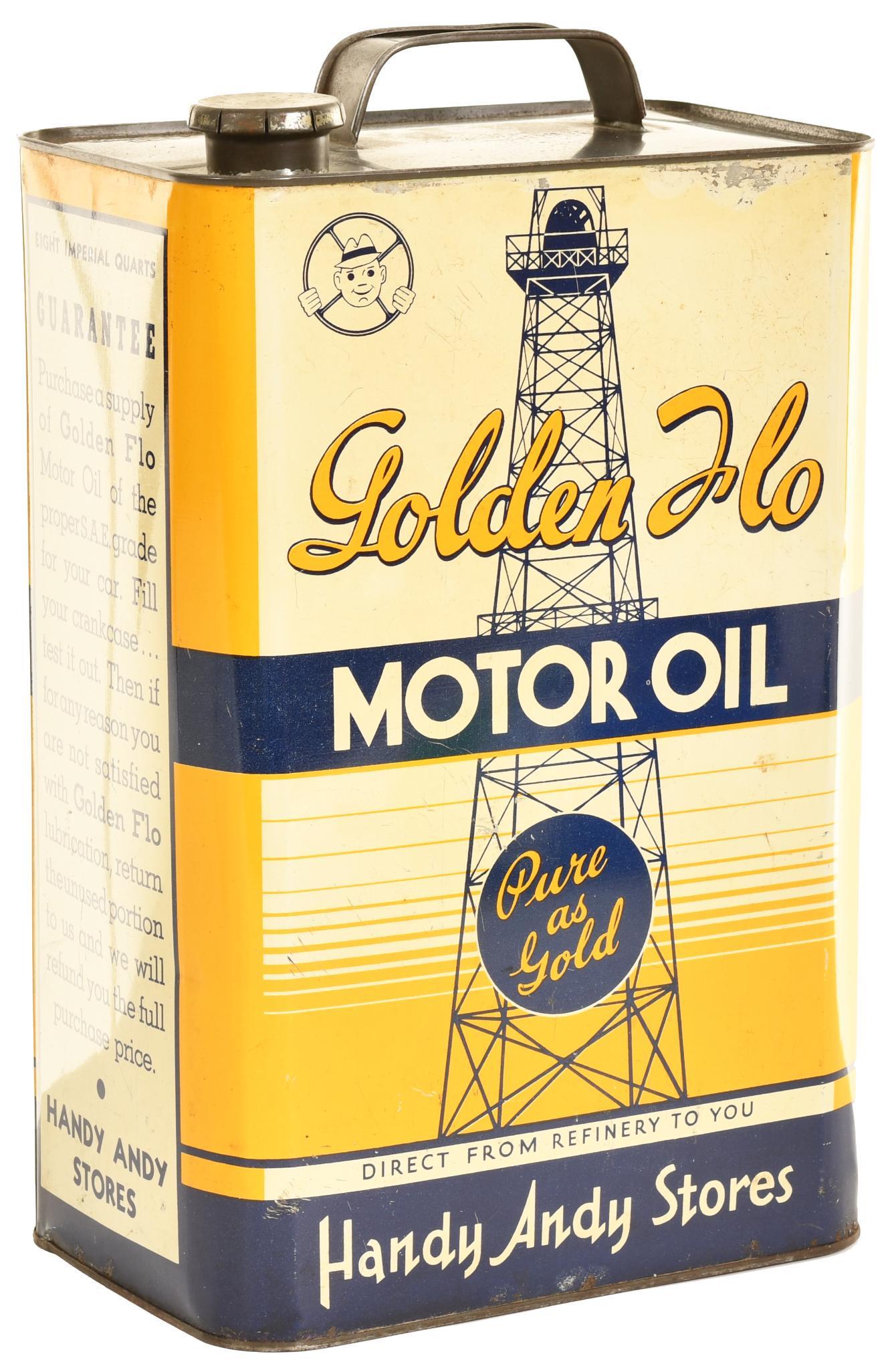 Golden Flo Motor Oil Two-Gallon Rectangle Metal Can: Has good color and shine, shows light wear, is empty, 2-gallon, rated 8.9