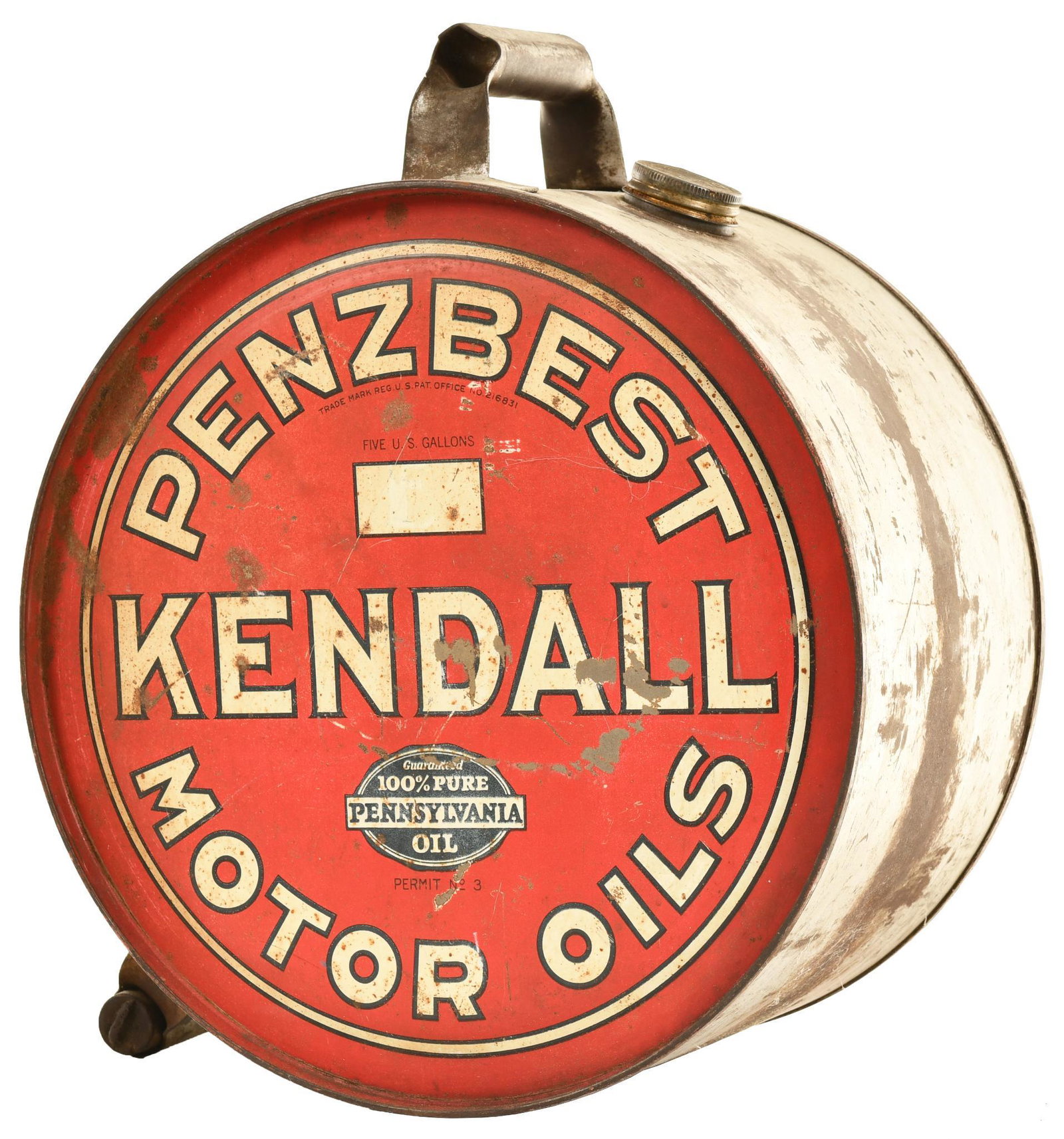 Kendall Penzbest Motor Oil Five Gallon Rocker Can: Has good color and shine, display shows wear, scratches, and paint chips, reverse has more, five gallon, rated 7.5 & 6.9