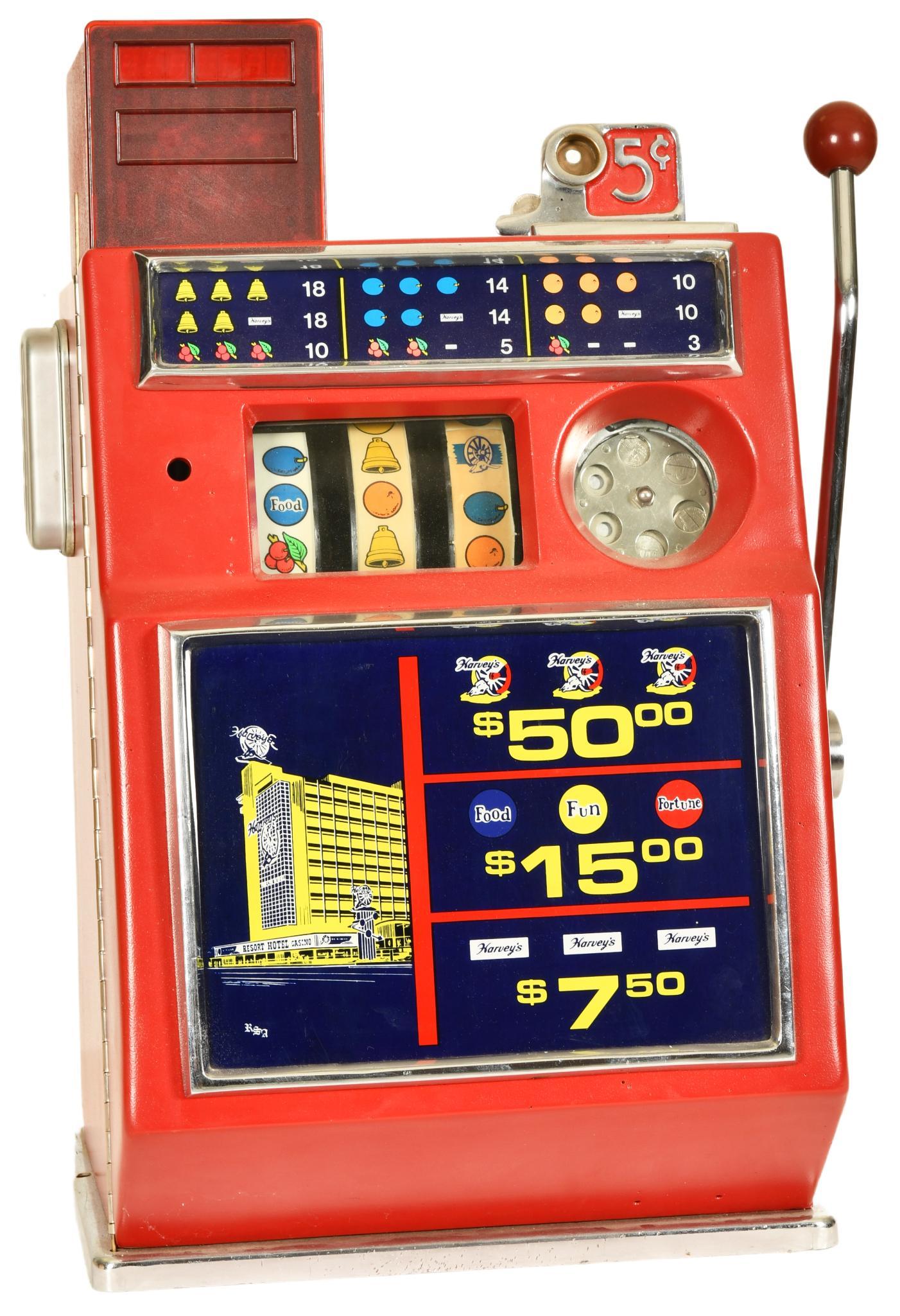 3-Wheel 5 Cent Slot Machine from The Harvey's: In good original condition, works well, has its key, 26"x19"x16", rated 8