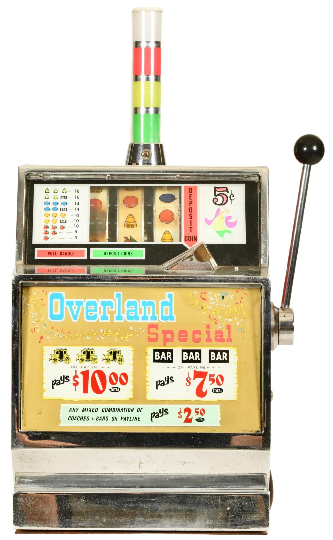 3-Wheel 5 Cent Slot Machine from The Overland: In good original condition, works well, has its key, has lights, 32"x18"x14", rated 7.5