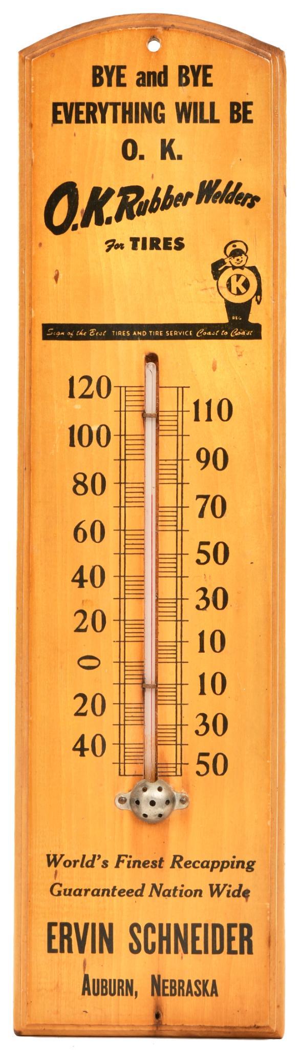 O.K. Rubber Welders For Tires Wood Thermometer: In excellent condition, tube is good, shows very minor wear, 15"x4", rated 9