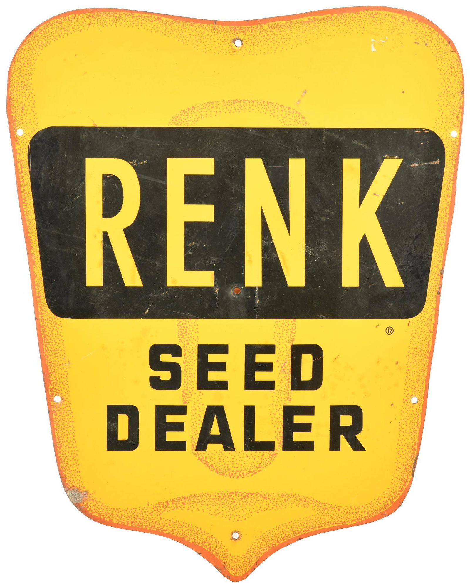 Renk Seed (Corn) Dealer Metal Sign: SST diecut sign, has good color and shine, shows wear and fine scratches, 28"x22", rated 7.75