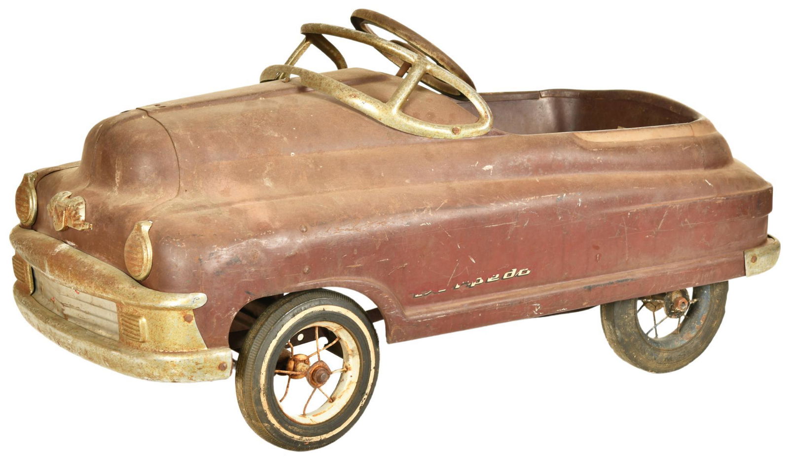Murray "Torpedo" Metal Child's Peddle Car: The Murry peddle car has different wheels, shows rust and dents, displays well, 40"L. rated 6.5