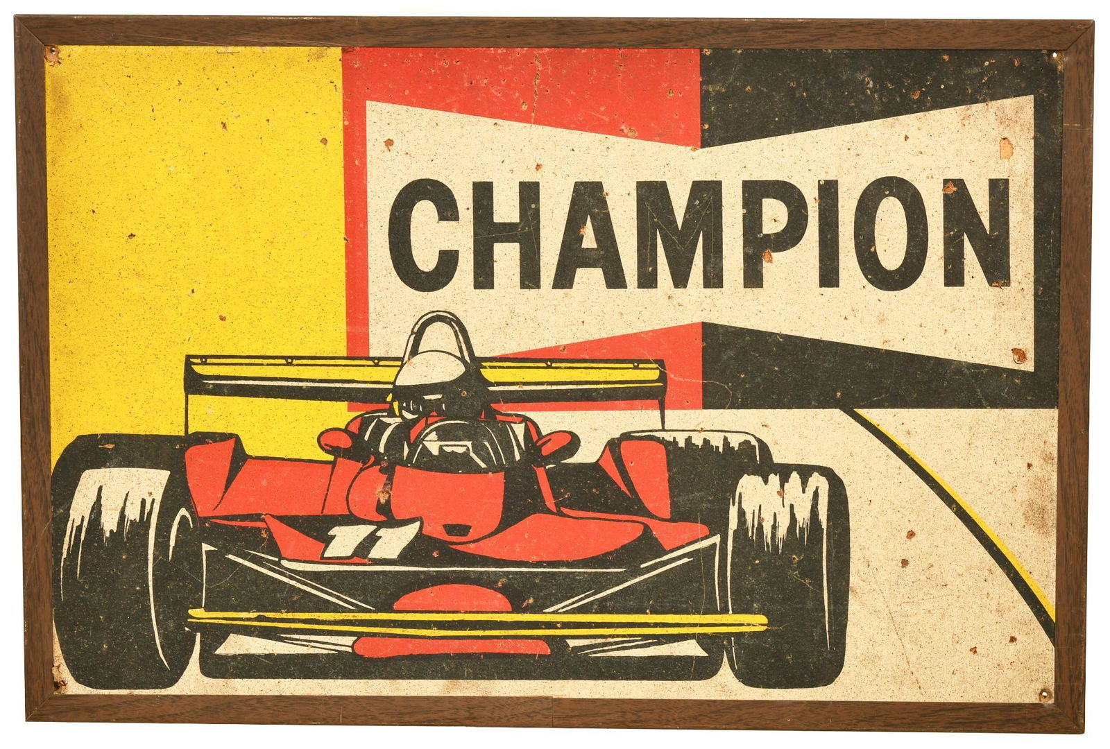 Champion (Spark Plugs) Cork Board w/Indy Racer: Single-sided cork board sign, in metal frame, shows wear and minor damage, 16"x24", rated 6.75