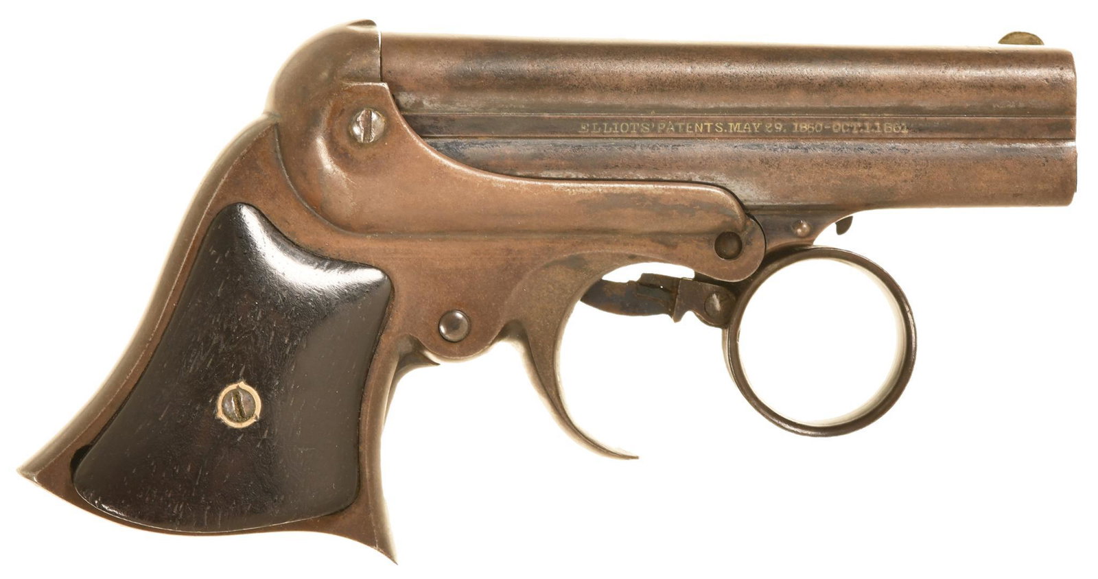 ANTIQUE REMINGTON ELLIOTS 4 SHOT RING TRIGGER DERRINGER: The Derringer Is Fully Functional With Very Shootable Bores That Have Pitting But Also Brightness. One Of The Better Ones We Have Offered For Sale. Finish Mostly Gone But No Serious Outside Pitting A-