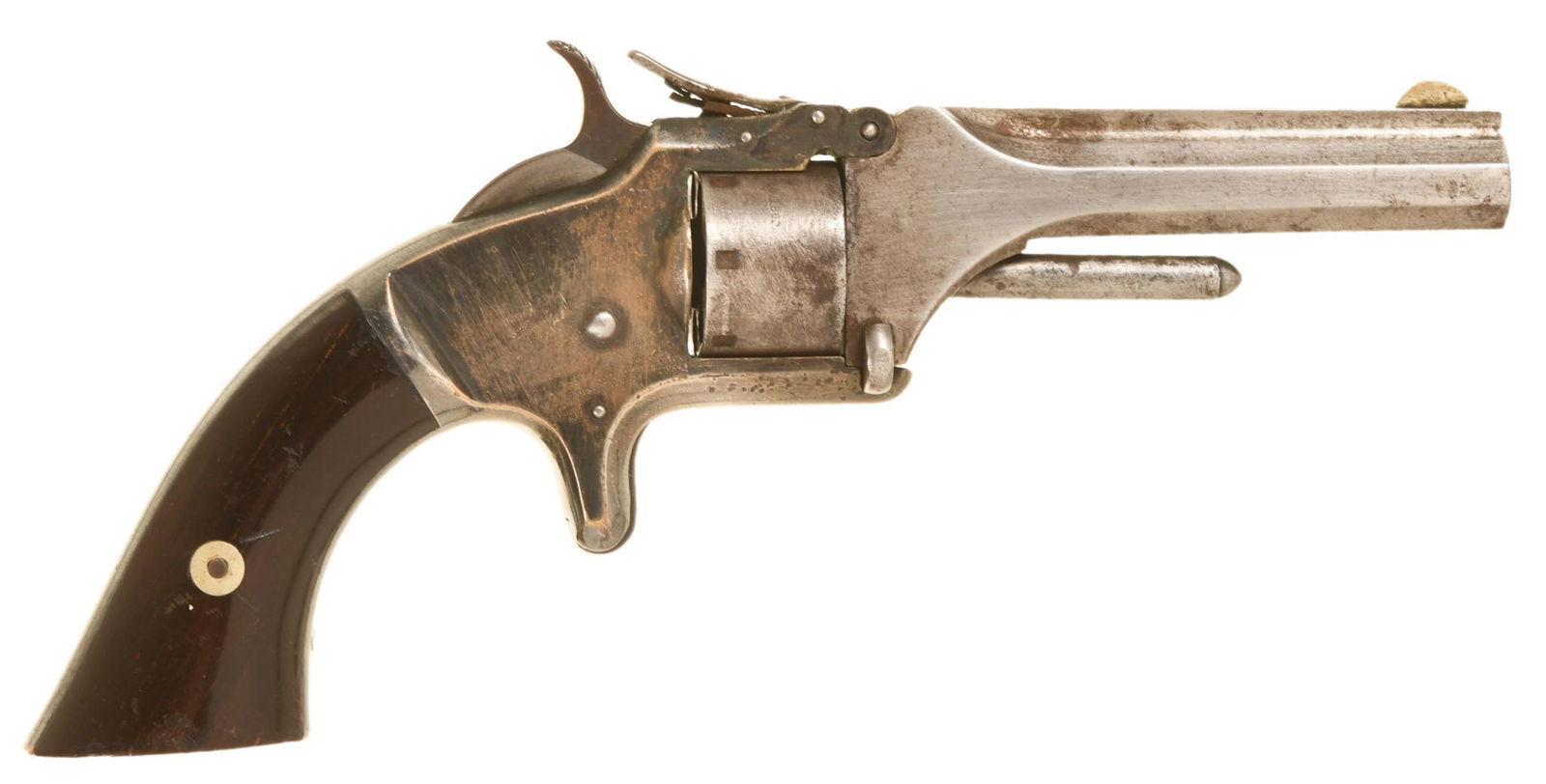 ANTIQUE SMITH & WESSON #1 2ND ISSUE TIP UP 22 SHORT: Very Little Finish Left But Not Seriously Pitted Anywhere. Functions Ok. Grips Are Nice And Intact. A-53