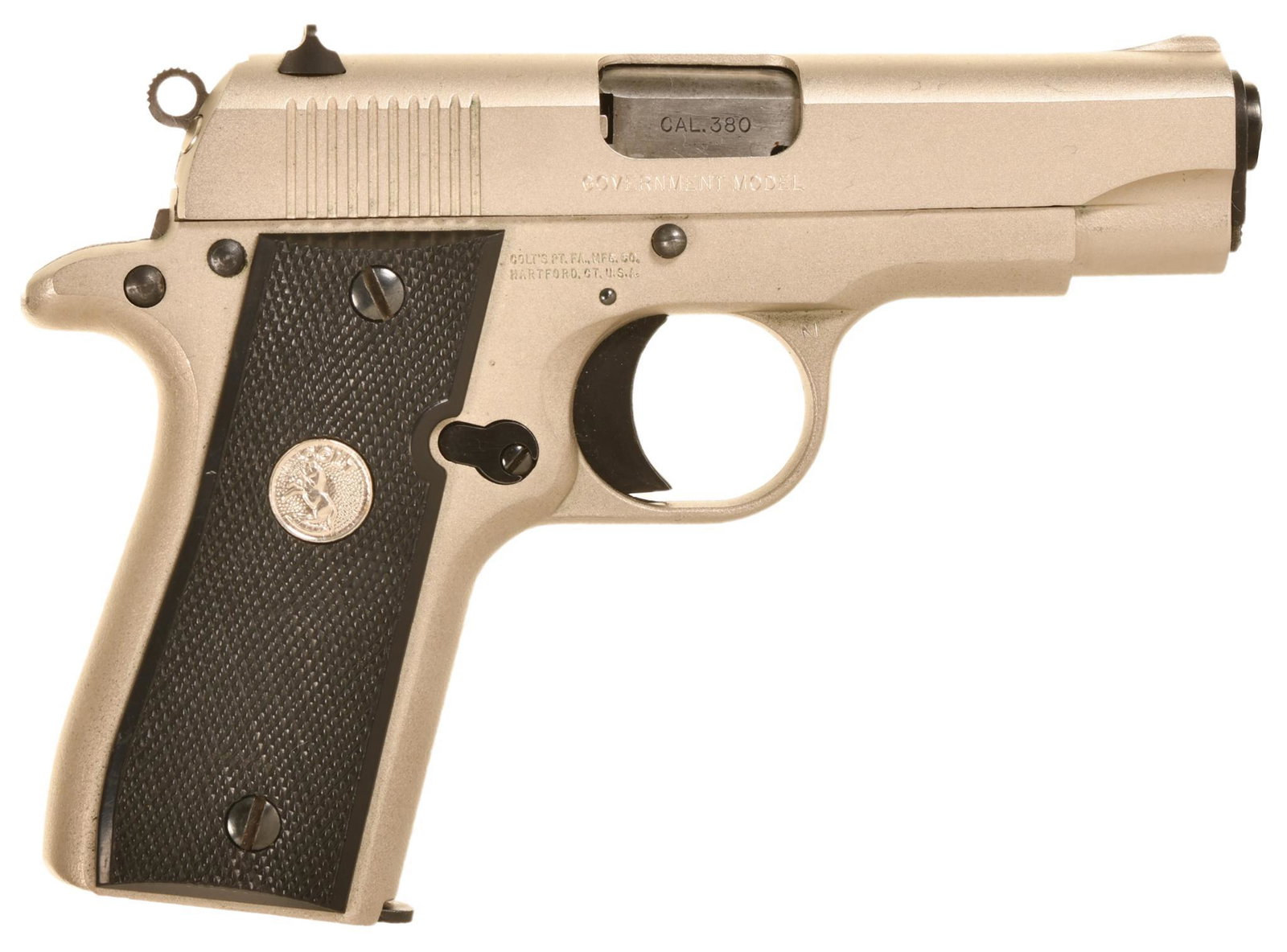 COLT GOVERNMENT MODEL MKIV SERIES 80 .380 ACP SEMI AUTO: Nickel Finish Has A Few Handling Marks. 3.25" Barrel With One 7 Round Factory Magazine B2-L387