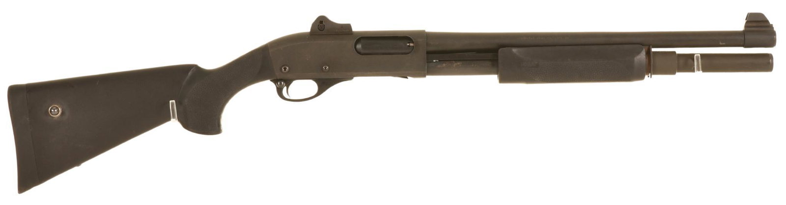 REMINGTON MODEL 870 EXPRESS 12 GAUGE PUMP ACTION RIOT: Can Chamber 3" Shells. Has Hogue Stocks. It Has Ghost Ring Rear Sight And White Dot Protected Front Sight. It Has A Tacstar 4 Round Holder On The Left Side Of The Receiver. Good Used Condition B2-L274