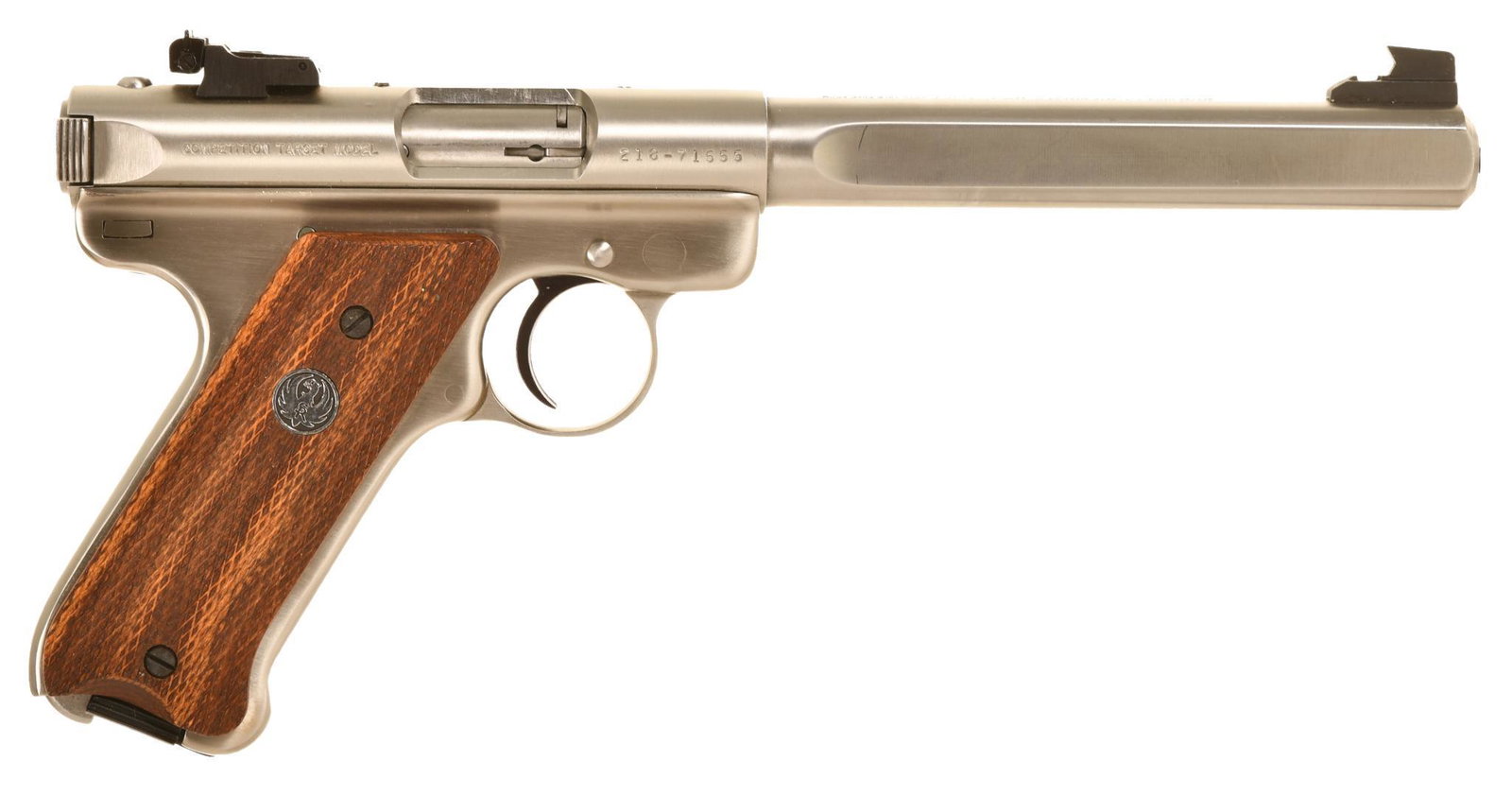 RUGER MARK II TARGET STAINLESS 22LLR CALIBER SEMI AUTO: This Is The Competition Model. 7" Slab Side Bull Barrel 10 Shot. Comes With The Mount For Ruger Rings And Is Drilled And Tapped At The Factory For That. Includes 2 Magazines And All Papers. Appears Un