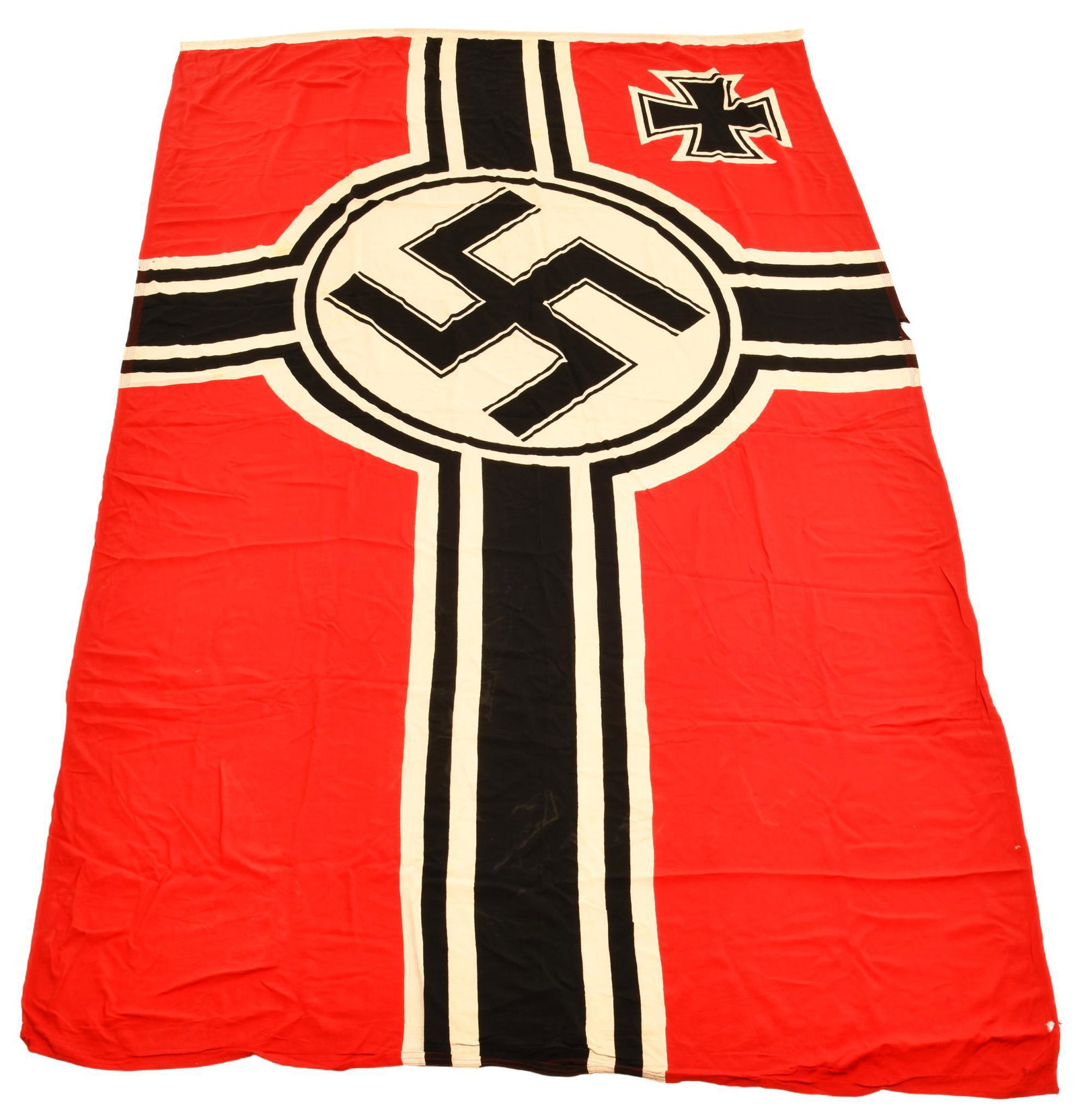 War Ensign Of Germany Flag: Double sided. Marked Fahnen Hoffmann Berlin & Kr. Fl. 200x335. Has good color. Shows some wear, discoloration, and a few tears/holes. Very large 72"x125". Average-above average overall condition.