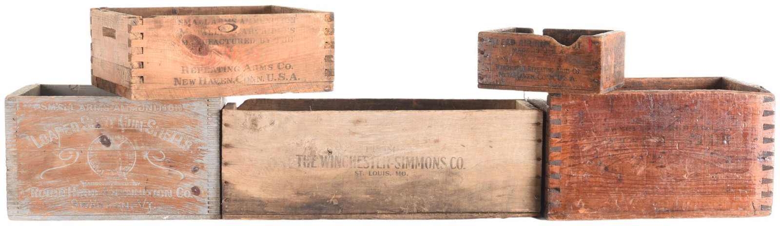 5 WOODEN AMMUNITION CRATES: 3 Winchester, 1 Winchester - Simmons Co. 1 Robin Hood Ammunition Co. All 5 Are Original Used Crates With A Great Look For Displaying. Varying Sizes From 4"X7"X9" To 8"X8.5"X23"
