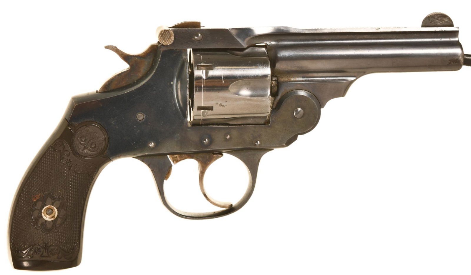 IVER JOHNSON DA 32 TOP BREAK DOUBLE ACTION REVOLVER: 6 Shot 3.25" Barrel. Action Works Ok. Bluing Is 70% Owls Head Grips Are Decent. C&R Eligible. B2-L244