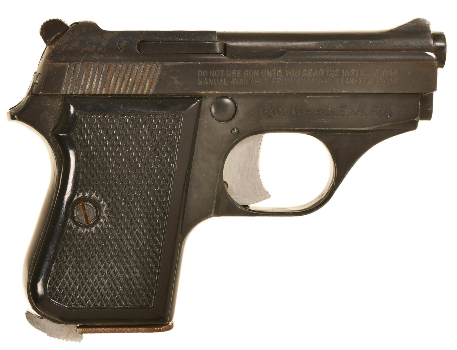 EXCAM MODEL GT27 25 ACP CALIBER SEMI AUTO PISTOL: 6 Shot 2.5" Barrel. Has A Little Patina. Action Works Ok. Comes With One Magazine. B2-L214