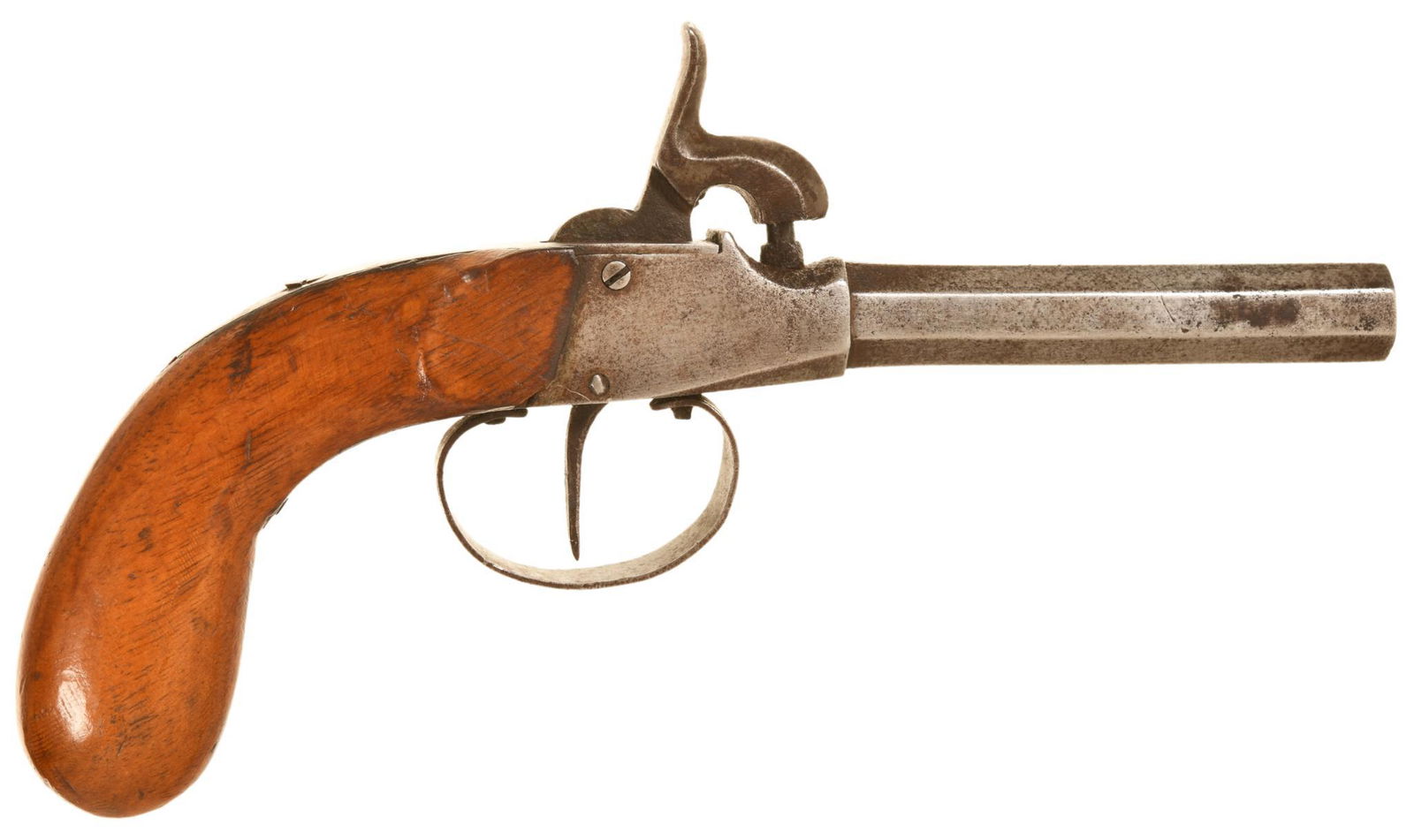 ANTIQUE PERCUSSION 36 CALIBER BOOT PISTOL: The Finish Is Gone. The Action Works Quite Well. 3374 Antique Belgian Flobert 22 Caliber Single Shot Pistol. Action Works Well. There Is Patina And Pitting In Areas And The Finish Is Gone. The Bore Is