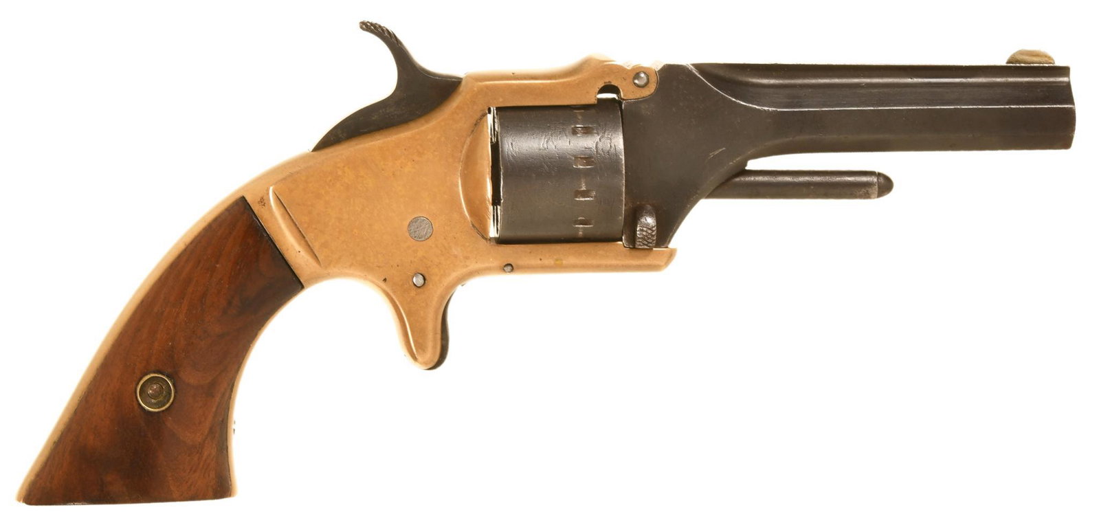 ANTIQUE AMERICAN STANDARD 22 CALIBER TIP UP SINGLE: 7 Shot 3 1/8" Barrel. Functions With The Exception Of The Trigger Rebound Spring Which Is Broken. Grips Are Nice And Intact. Turned Brown With Old Pitting In Spots. A-54