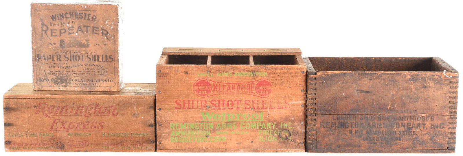 1 LOT OF 3 WOODEN AMMUNITION CRATES AND 1 WINCHESTER: Winchester Repeaters Paper Shot Shell Box In Used Soiled Condition But Still Displays Well. 3 Remington Wood Crates In Used Condition With A Great Patina Look. 9"X9"X14" Largest 5.5"X6"14" Smallest