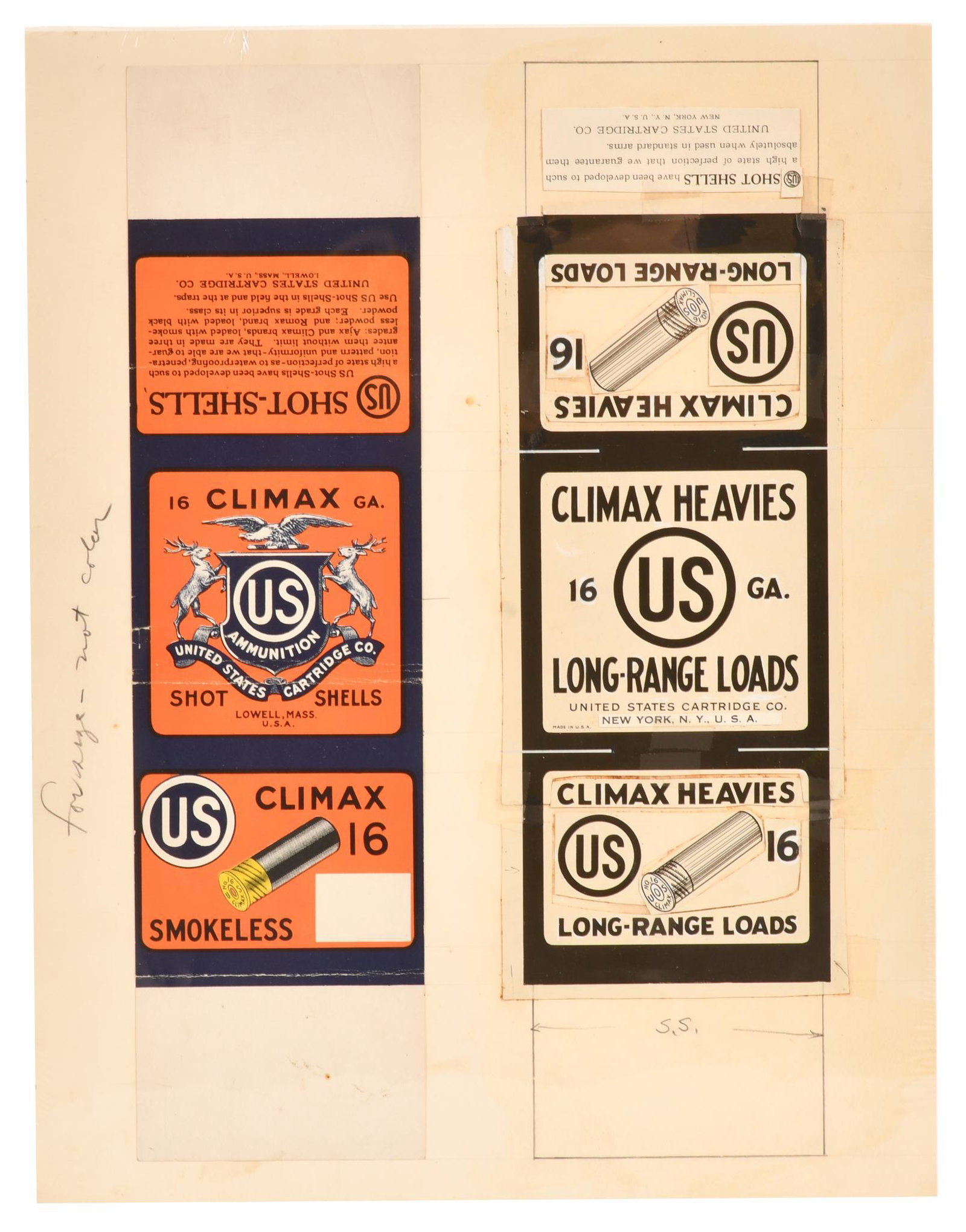 Lot of 2 US Cartridge 16 GA. Shot Shell Labels: One is a proof. They both show some wear, creases, and discoloration. The proof is made up of multiple pieces. They display well. 13.5"x3 5/8" or smaller. Rated 8 & proof.