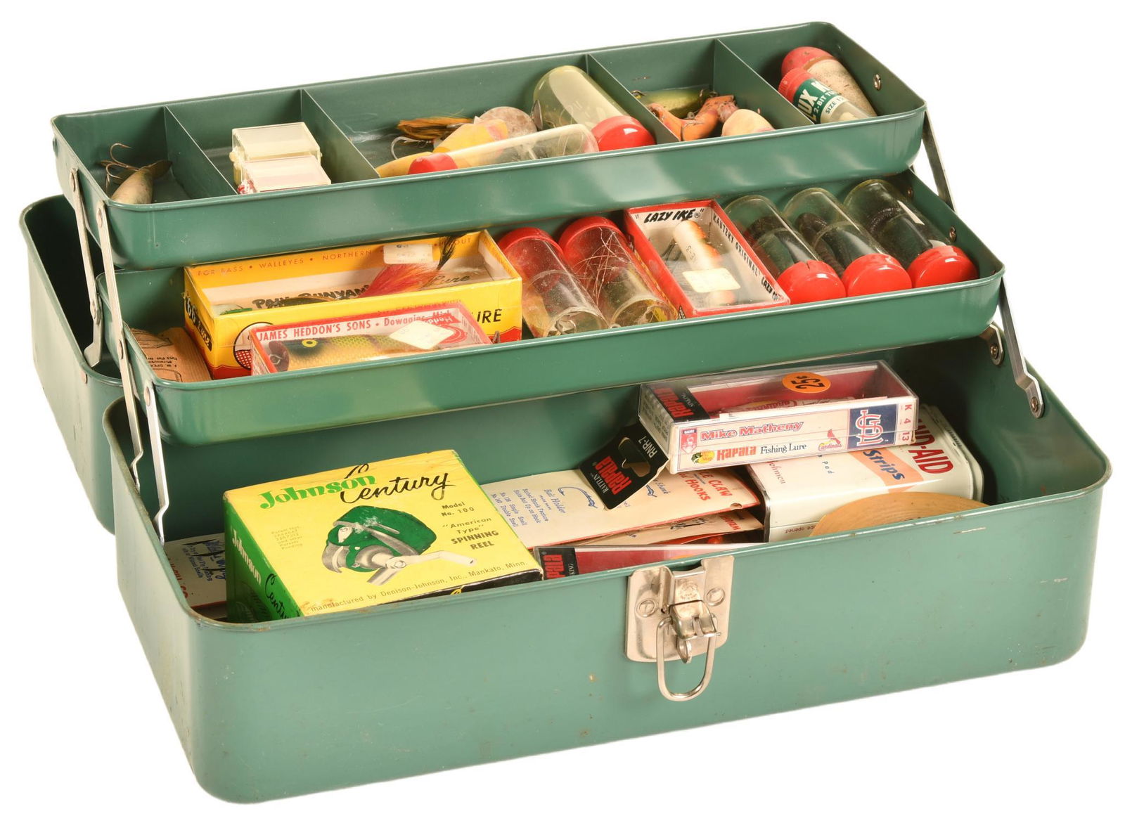 Sport King Tackle Box With Tackle: Box shows some wear and paint loss. Full of tackle. Heddon, Rapala, Paul Bunyan's, and more. Johnson 100 reel in box. Nice mix of contents. 6.25"x13.5". Various conditions.
