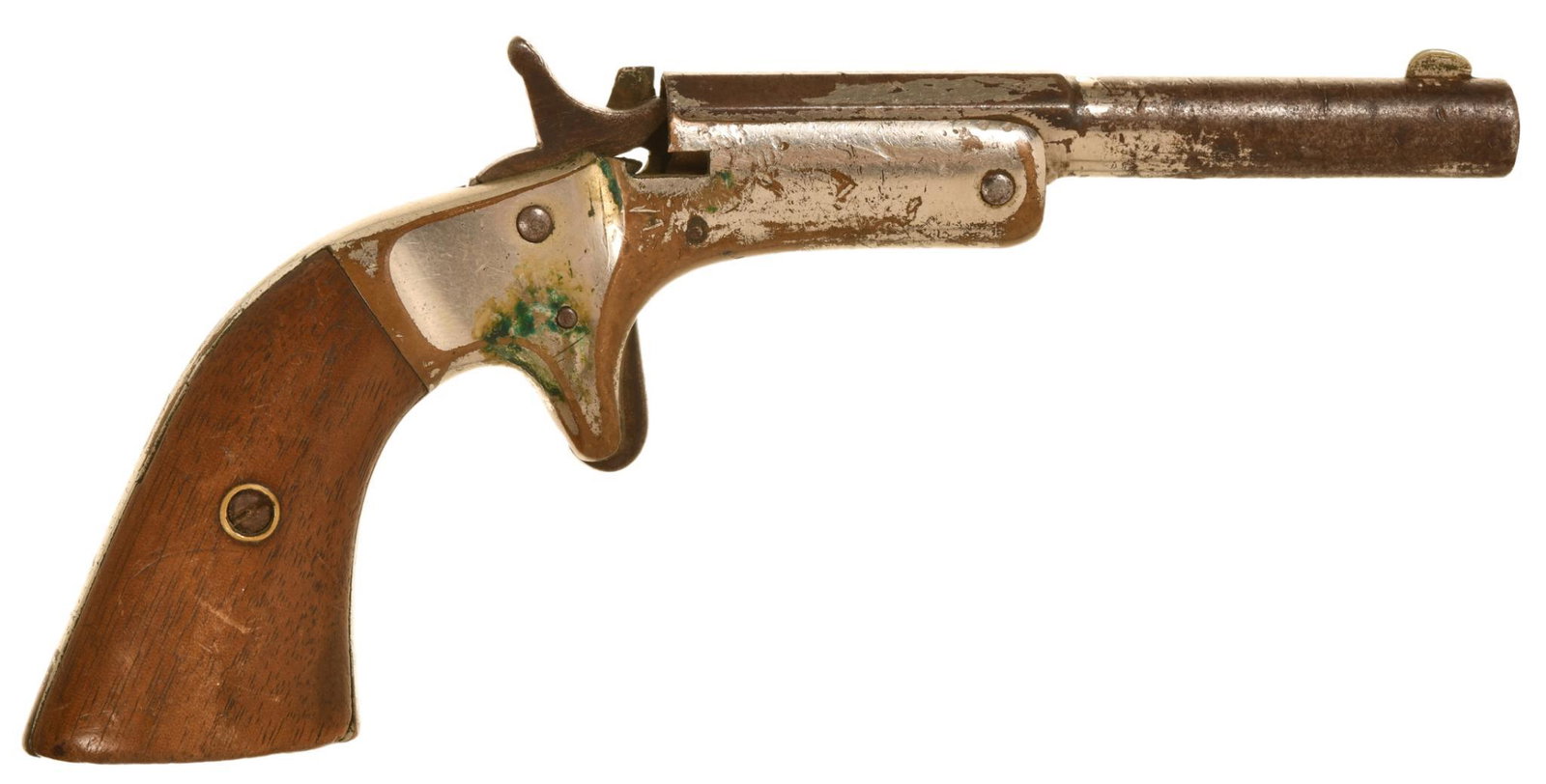 ANTIQUE STEVENS 22 CALIBER TIP UP SINGLE SHOT PISTOL: 3.5" Barrel. Parts Are Missing Bore Is Rusty. A-19