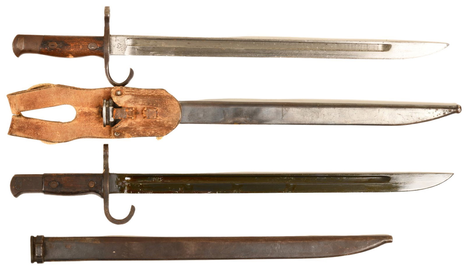 Lot Of 2 Bayonets: Possibly Japanese. Both show wear and one has some damage on the grip. 21". Average overall condition.