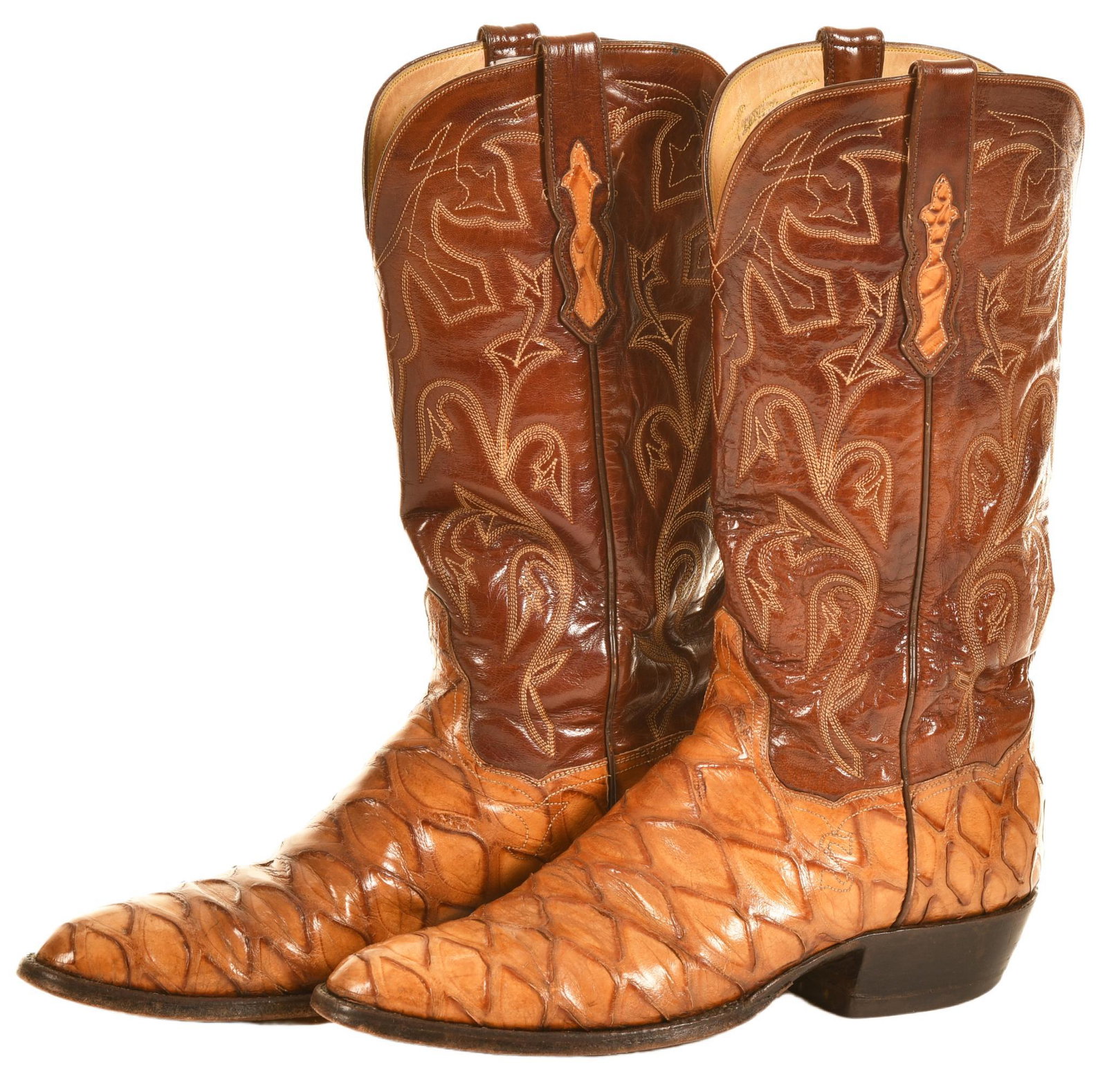 Alligator & Leather Boots: Used condition. Display well. Show some wear. Can not read the tag completely but it does say Oklahoma City. Both have pen marking inside: NB4F & B4604 & 7241 Oct 30 1982. 14 5/8" tall. Sole measures 