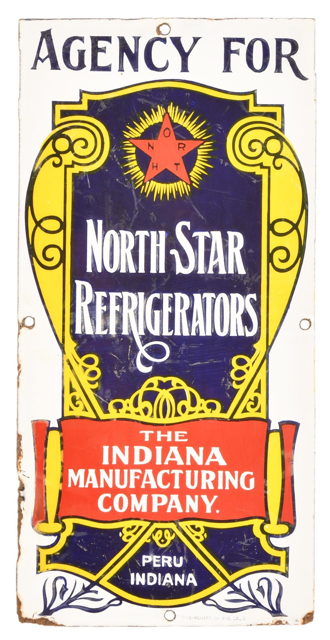 Agency For North Star Refrigerators Porcelain Sign: SSP sign has good color, has staining and wear in the field, marked Ing-Rich, 16"x8", rated 7