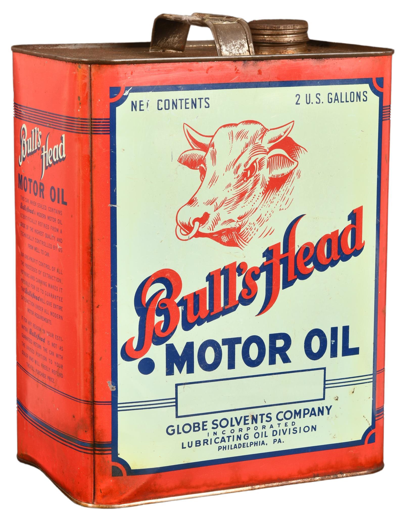 Bull's Head Motor Oil w/Logo Two Gallon Metal Can: The rectangle metal can has very good color and shine, has light wear, reverse has fine scratches, is empty, two gallon, rated 8.5 & 8