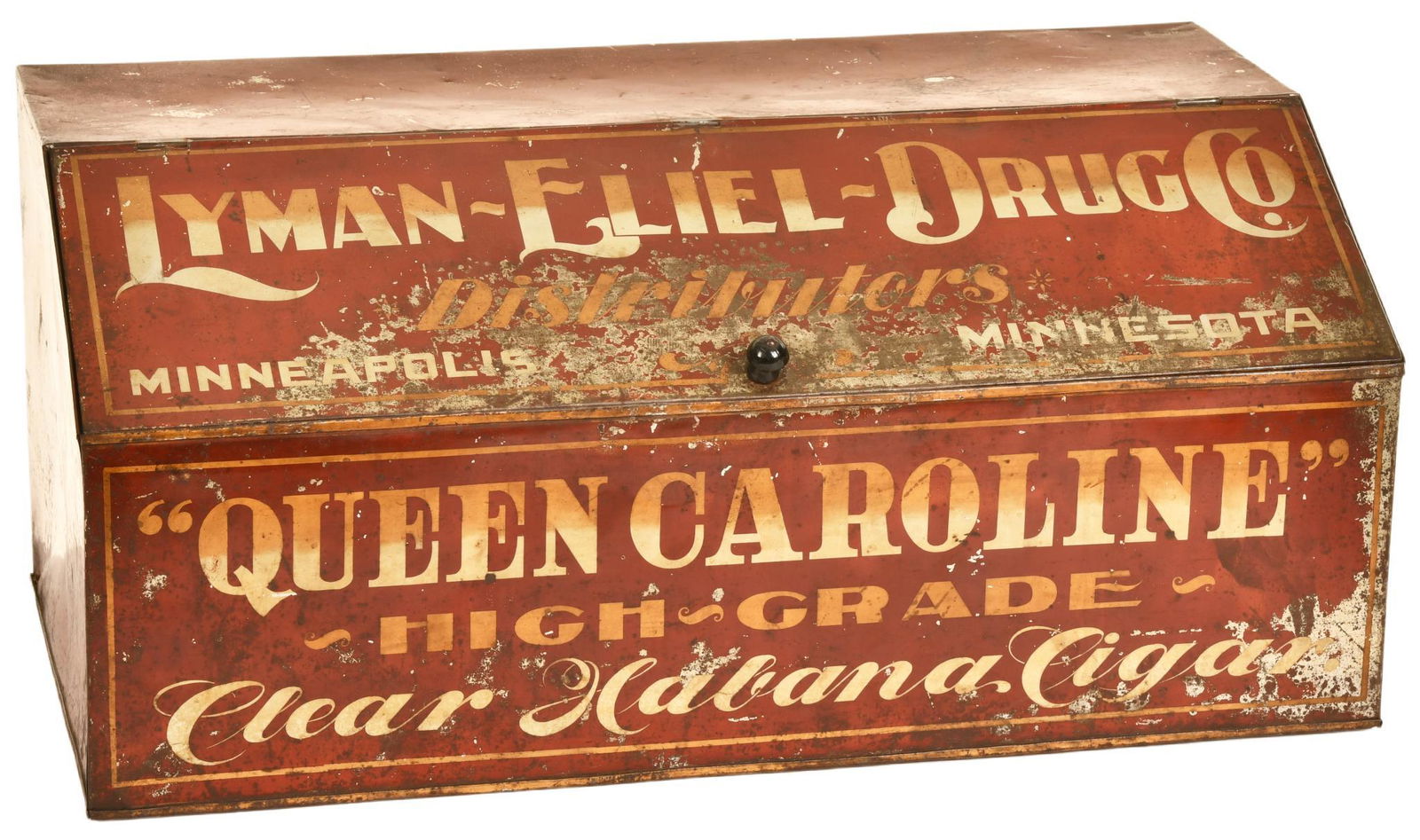 Lyman-Eliel Drug Co. Queen Caroline Cigar Metal Display: The metal box has wear and paint loss, 12"x27"x15", rated 6