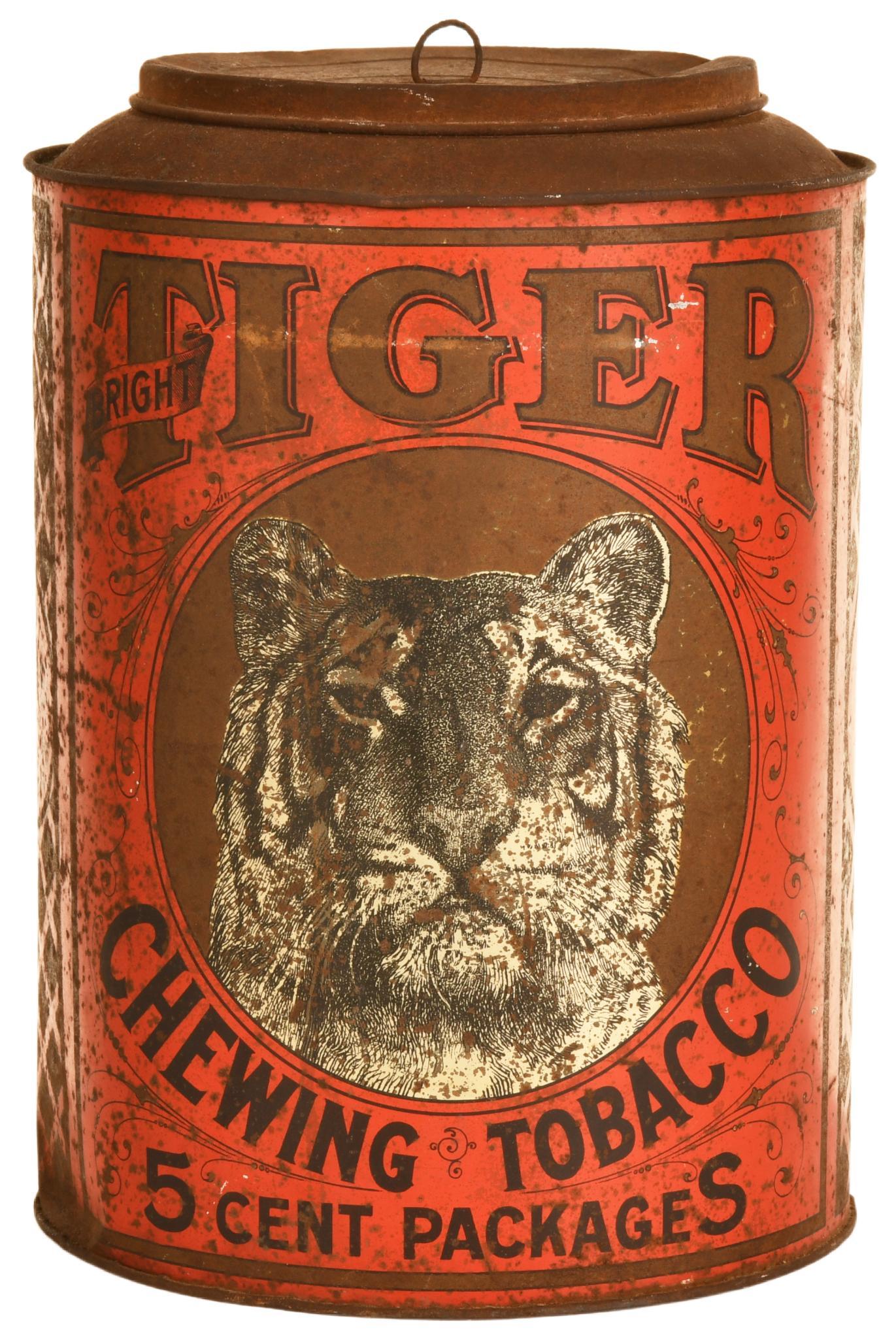Tiger Chewing Tobacco Metal Point of Sale Tin: Metal display has wear and scratches, 12"T., rated 6.75