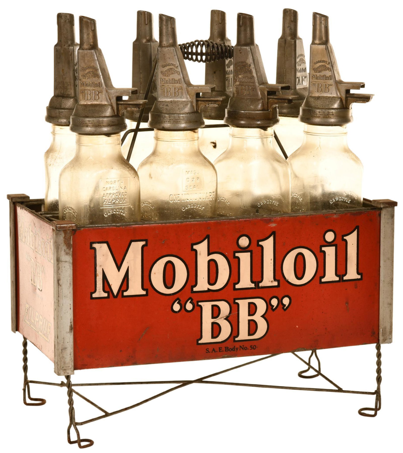 Mobiloil "BB" Ful-Pruf Oil Bottles and Rack (1 of 2)