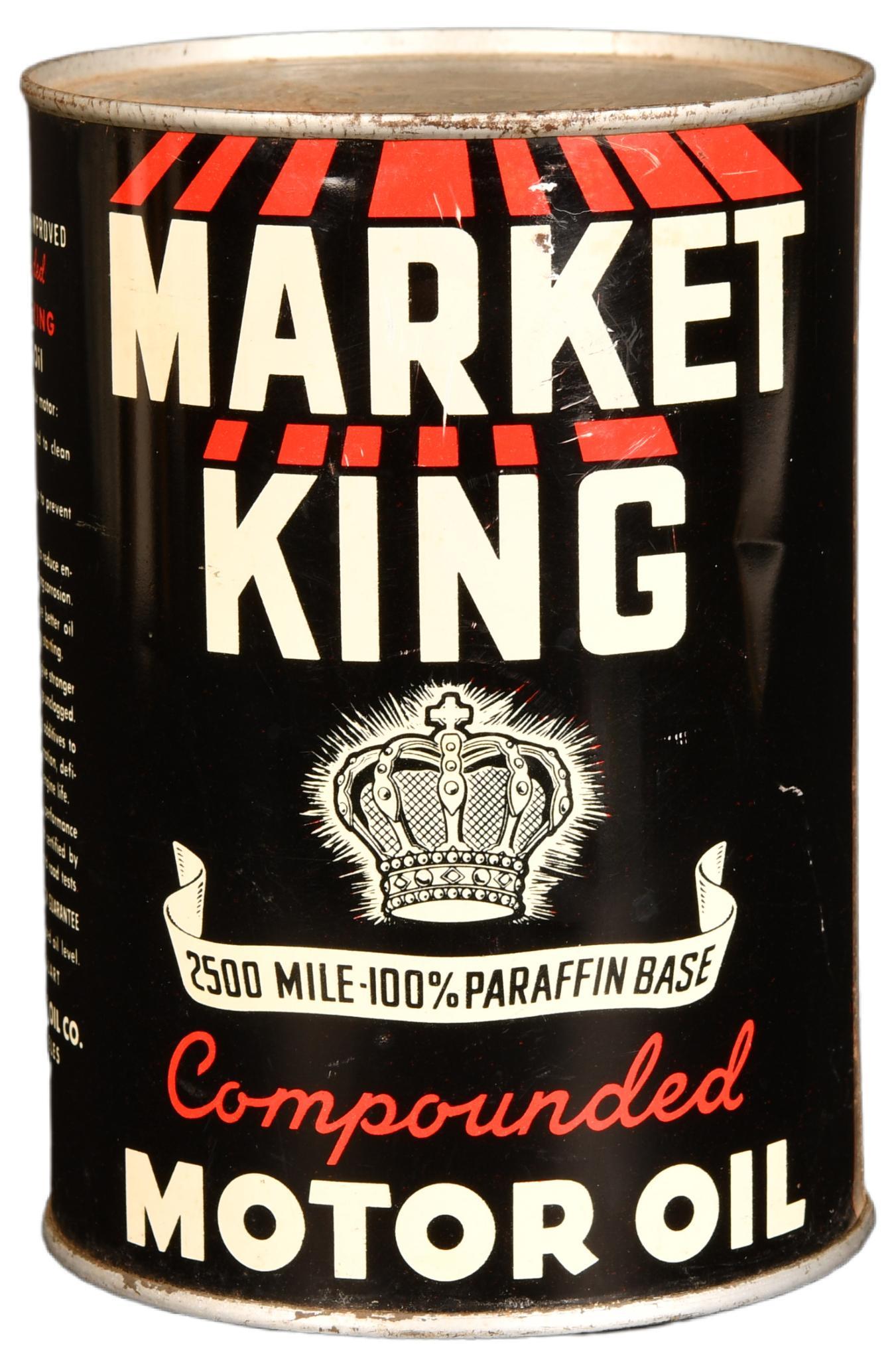 Market King Motor Oil w/Crown Log Quart Round Metal Can (1 of 2)