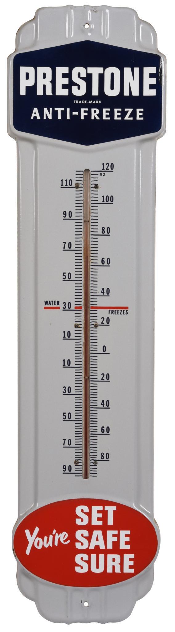 Prestone Anti-Freeze "You're Set Safe Sure" Thermometer: SSP thermometer, has very good color and gloss, has minor edge wear, tube is good, 36"x9", rated 9