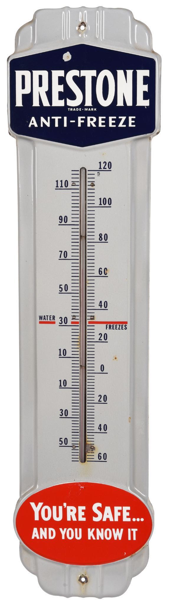 Prestone Anti-Freeze "You're Safe and You Know It": SSP thermometer, has good color and gloss, has a couple small chips in the field, tube is good, displays well, 36"x9"