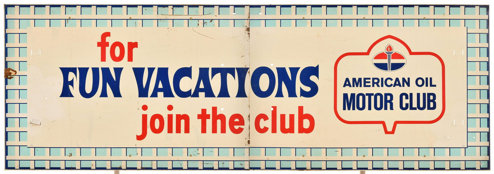 Large American Oil Motor Club "Fun Vacation" Metal Sign (1 of 2)