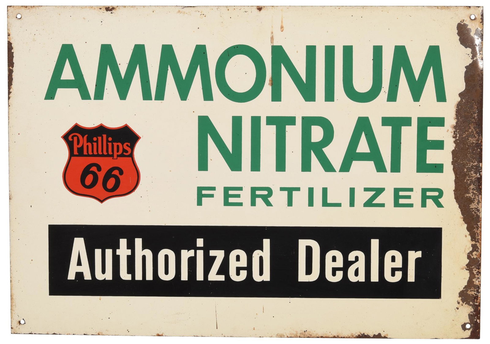Phillips Ammonium Nitrate Fertilizer Metal Sign: SST sign, shows light wear in the field, has paint loss along the right-hand edge, 14"x20", rated 7