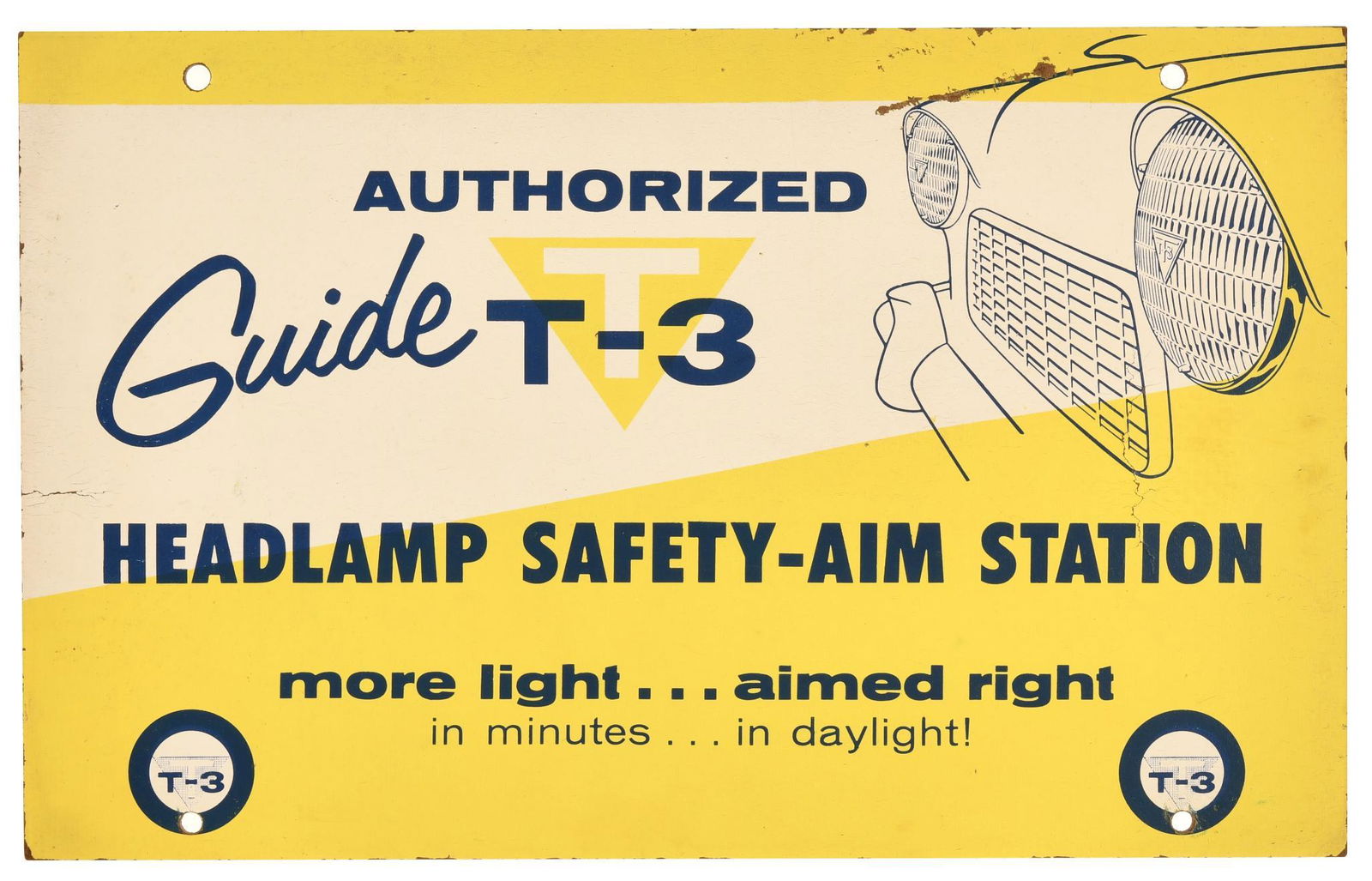 Guide T-3 Headlamp Safety-Aim Station Masonite Sign: Single-sided Masonite sign, has good color, shows wear in upper field, 12"x19", rated 8