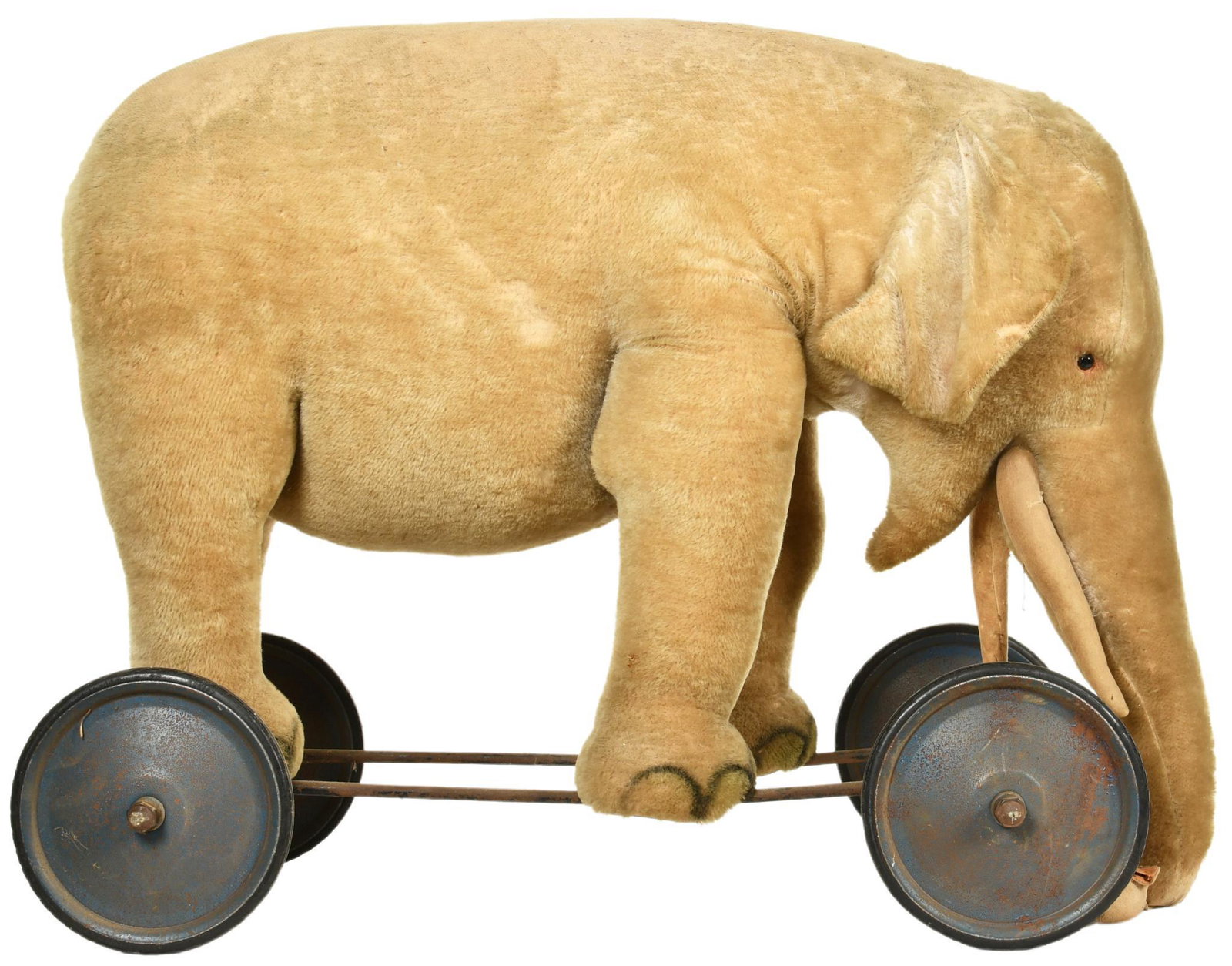 Large Straw Stuffed Elephant Toy On Wheels: Early, shows some wear, discoloration, damage, and fur loss, not something you see often, displays well, 34"x42", rated 6.75